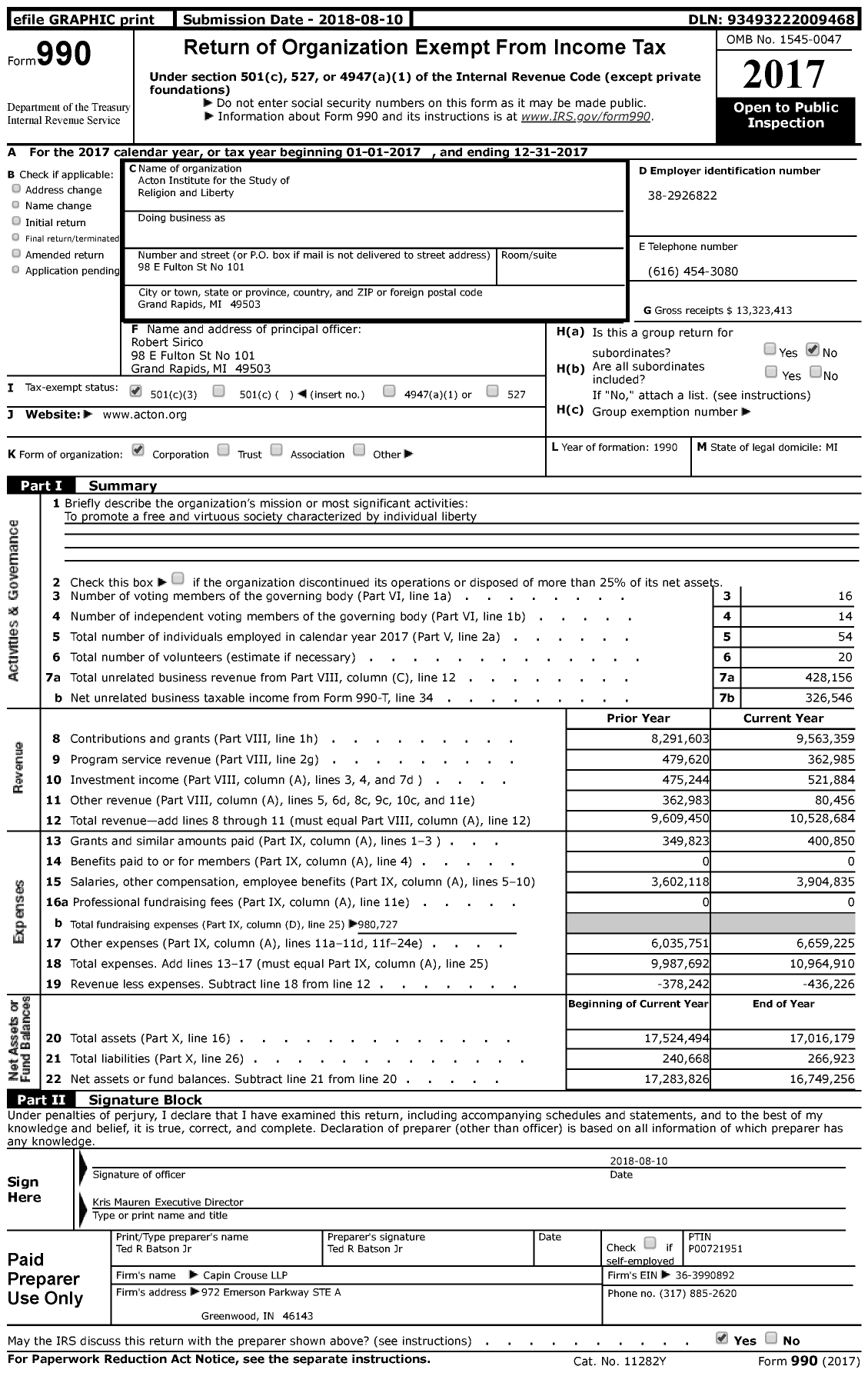 Image of first page of 2017 Form 990 for Acton Institute for the Study of Religion and Liberty