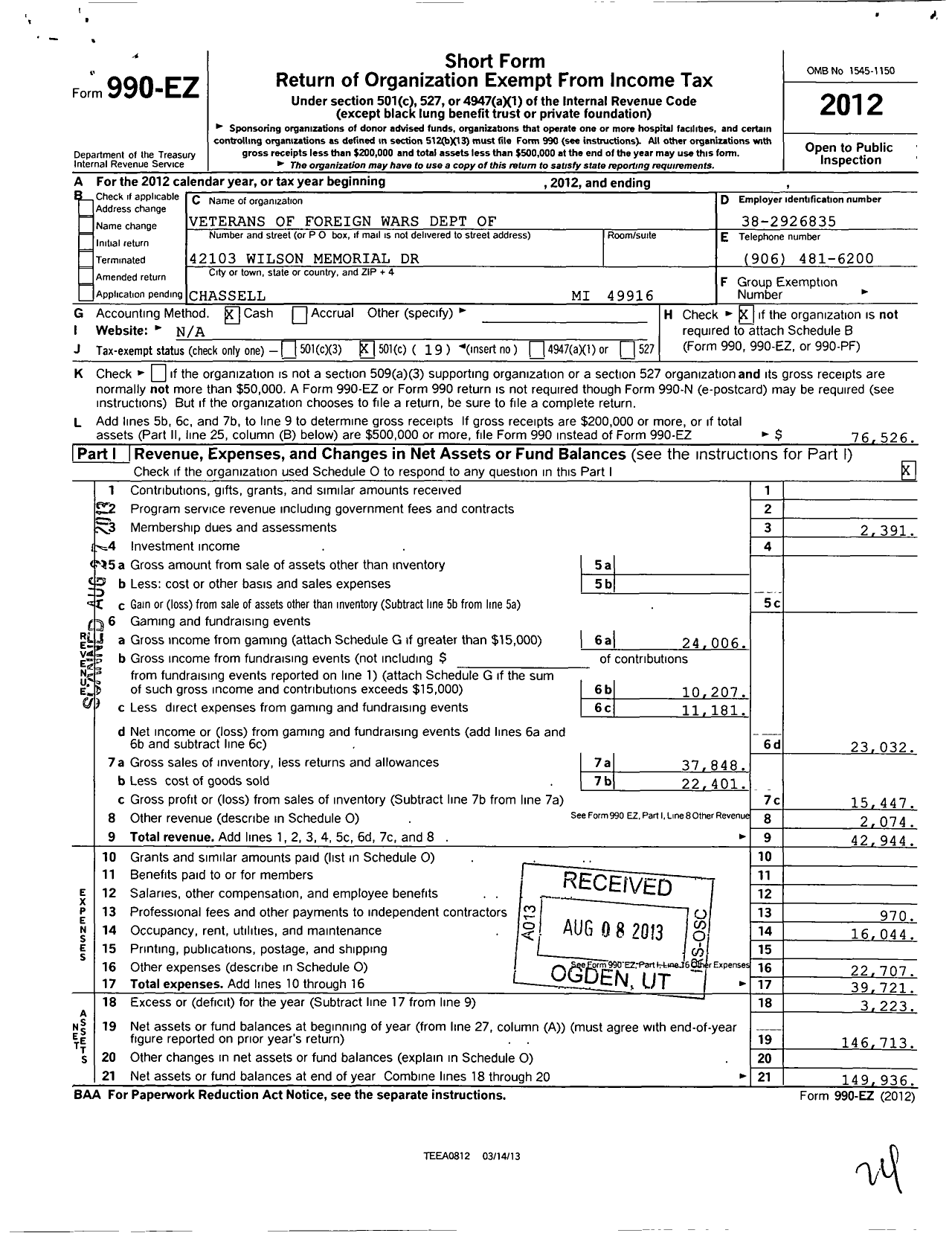 Image of first page of 2012 Form 990EO for VFW Department of Michigan - Dist 15 6507 Chassell