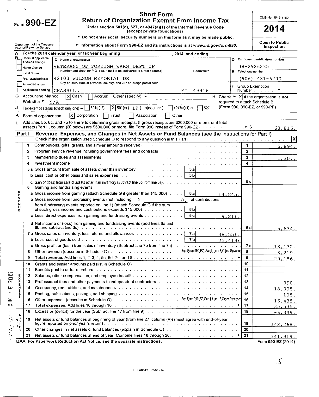 Image of first page of 2014 Form 990EO for VFW Department of Michigan - Dist 15 6507 Chassell