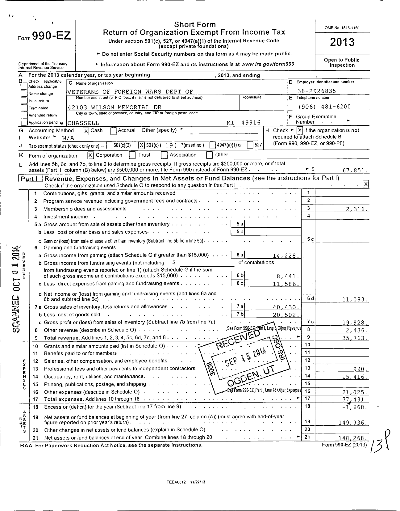 Image of first page of 2013 Form 990EO for VFW Department of Michigan - Dist 15 6507 Chassell