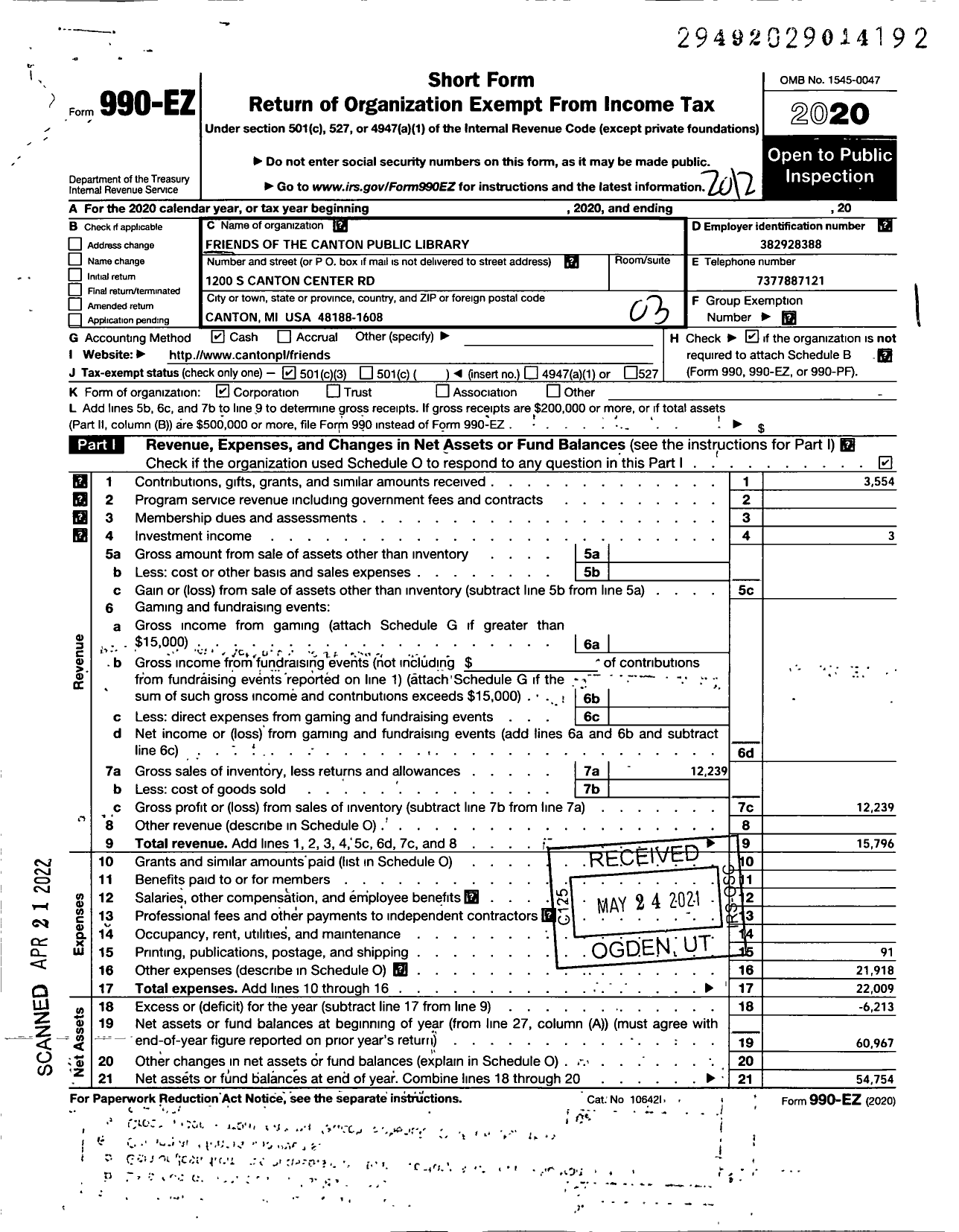 Image of first page of 2020 Form 990EZ for Friends of the Canton Public Library