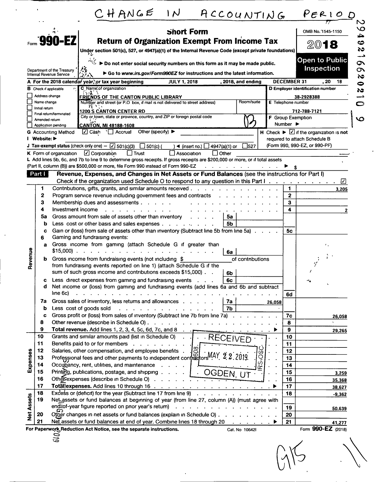 Image of first page of 2018 Form 990EZ for Friends of the Canton Public Library