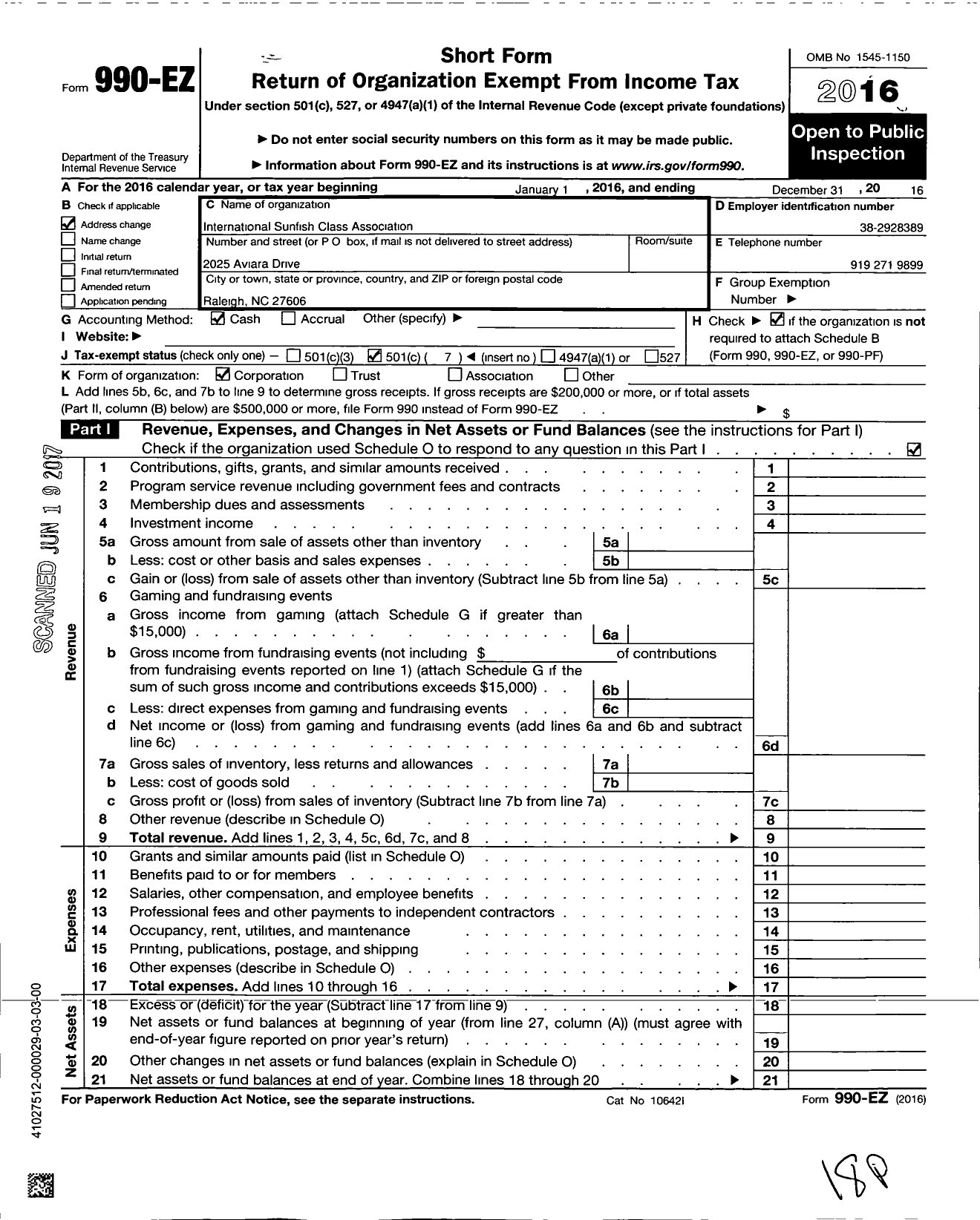 Image of first page of 2016 Form 990EO for International Sunfish Association