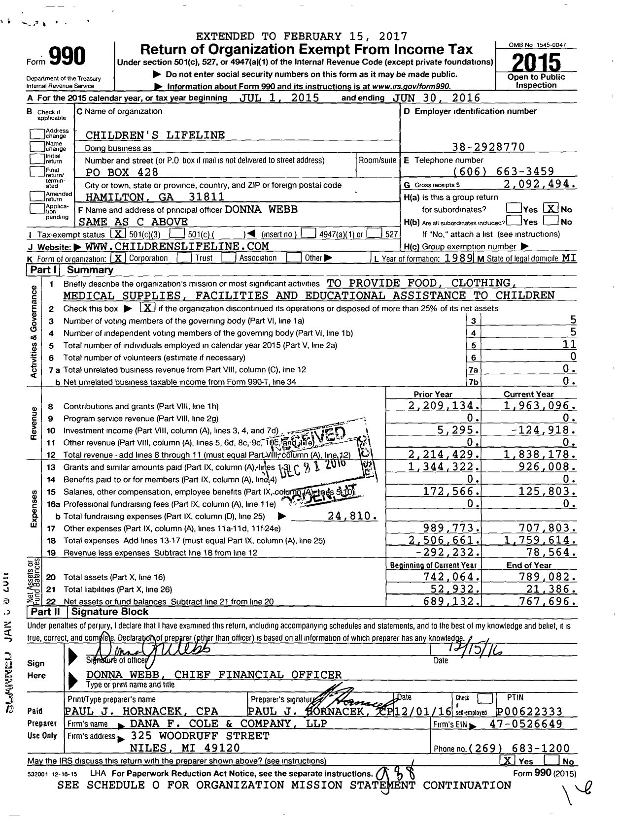 Image of first page of 2015 Form 990 for Children's Lifeline