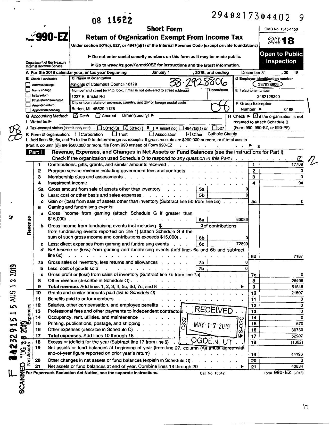 Image of first page of 2018 Form 990EO for Knights of Columbus - 10170 Father Louis P Gauthier