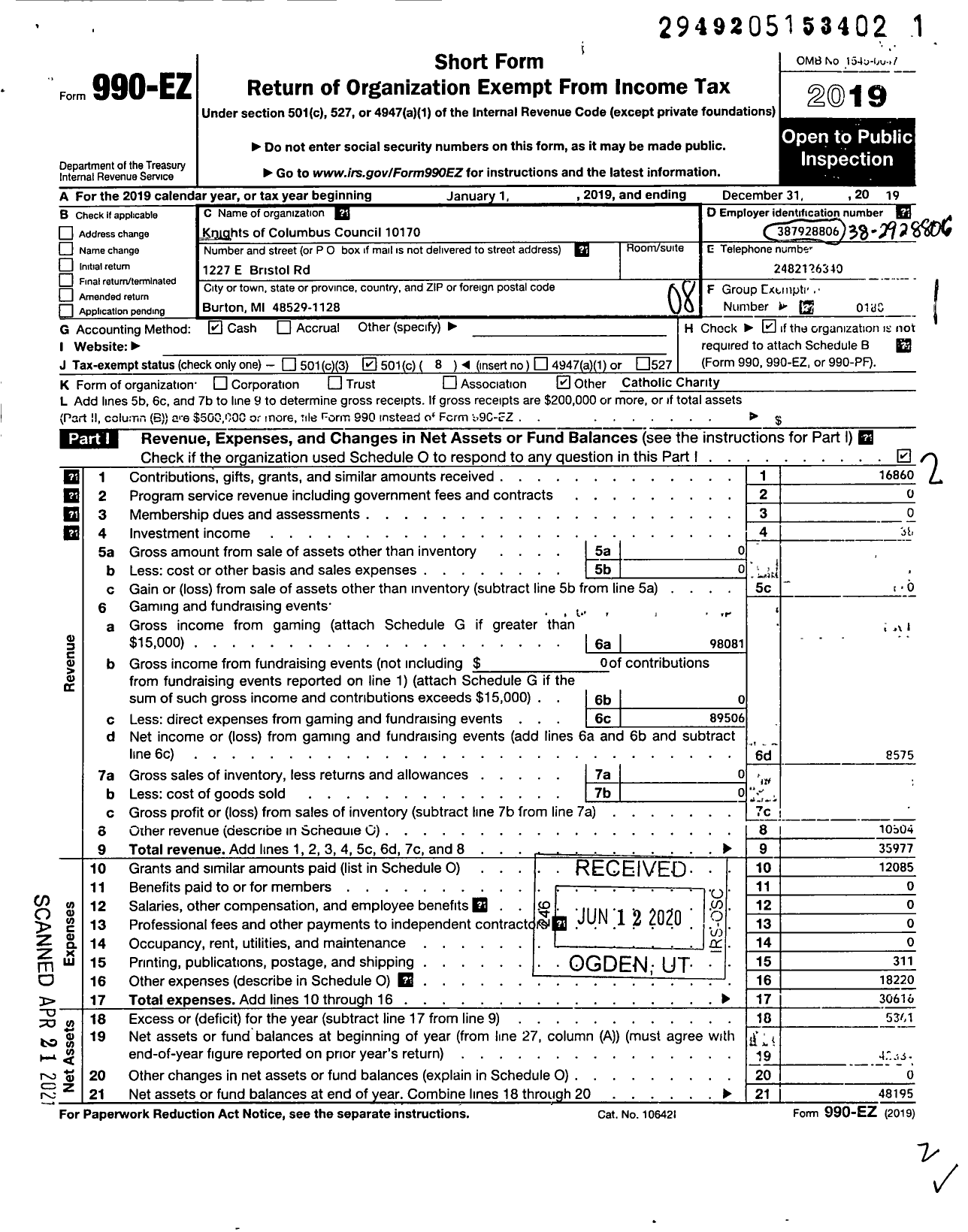 Image of first page of 2019 Form 990EO for Knights of Columbus - 10170 Father Louis P Gauthier