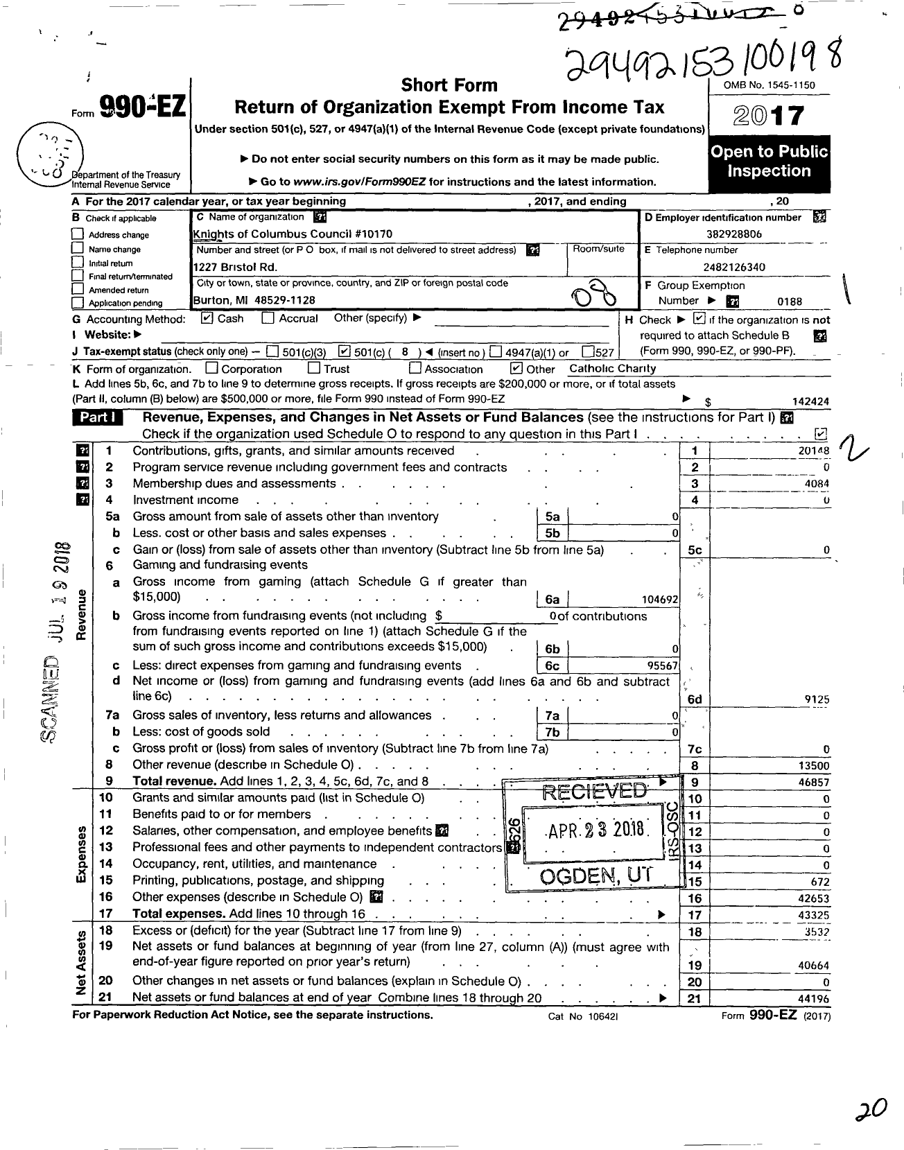 Image of first page of 2017 Form 990EO for Knights of Columbus - 10170 Father Louis P Gauthier