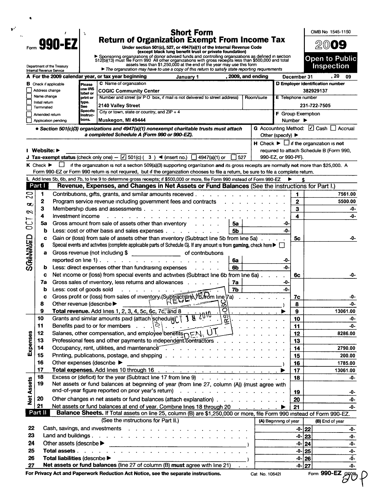 Image of first page of 2009 Form 990EZ for Cogic O G I Cogic Community Center