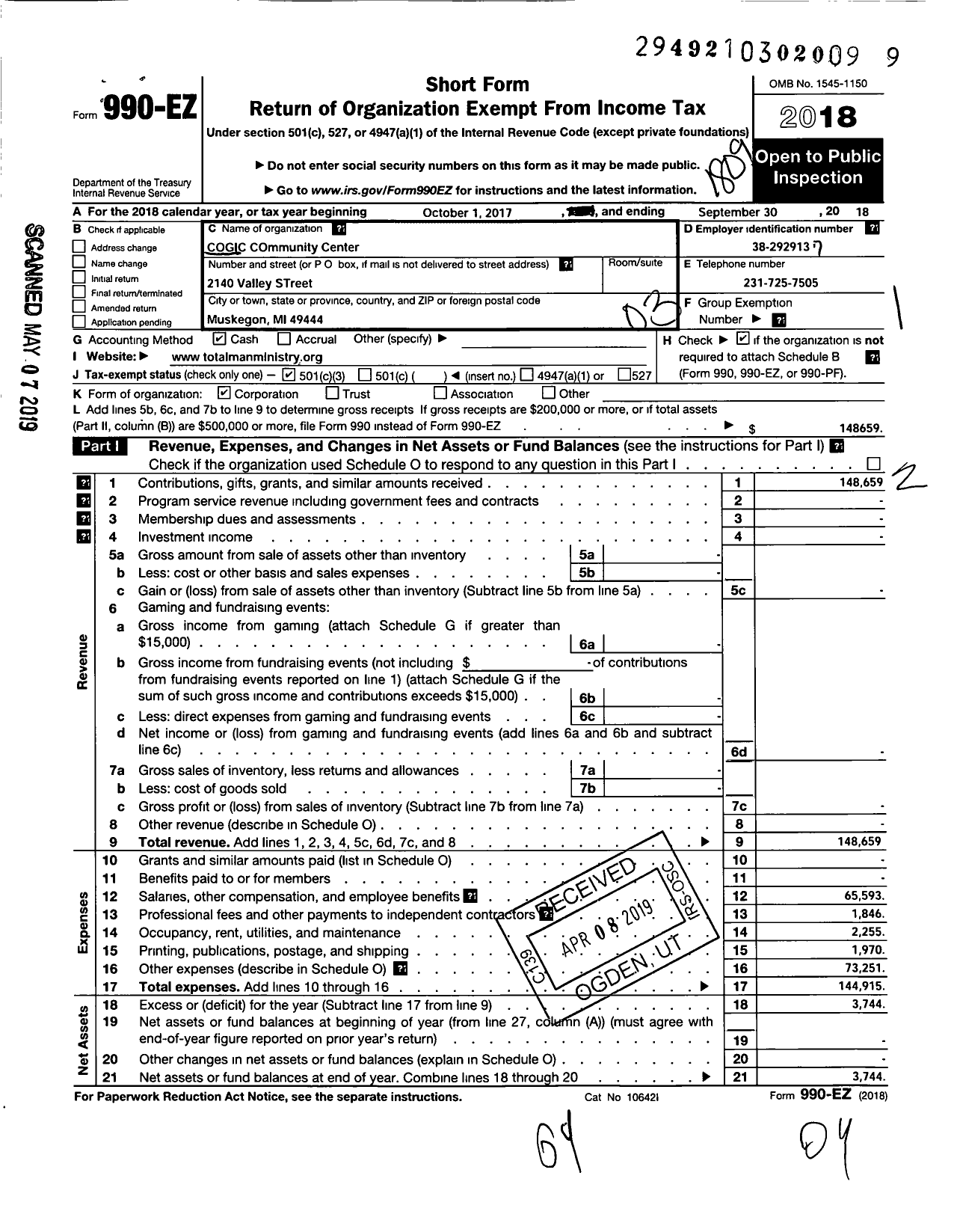 Image of first page of 2017 Form 990EZ for Cogic O G I Cogic Community Center