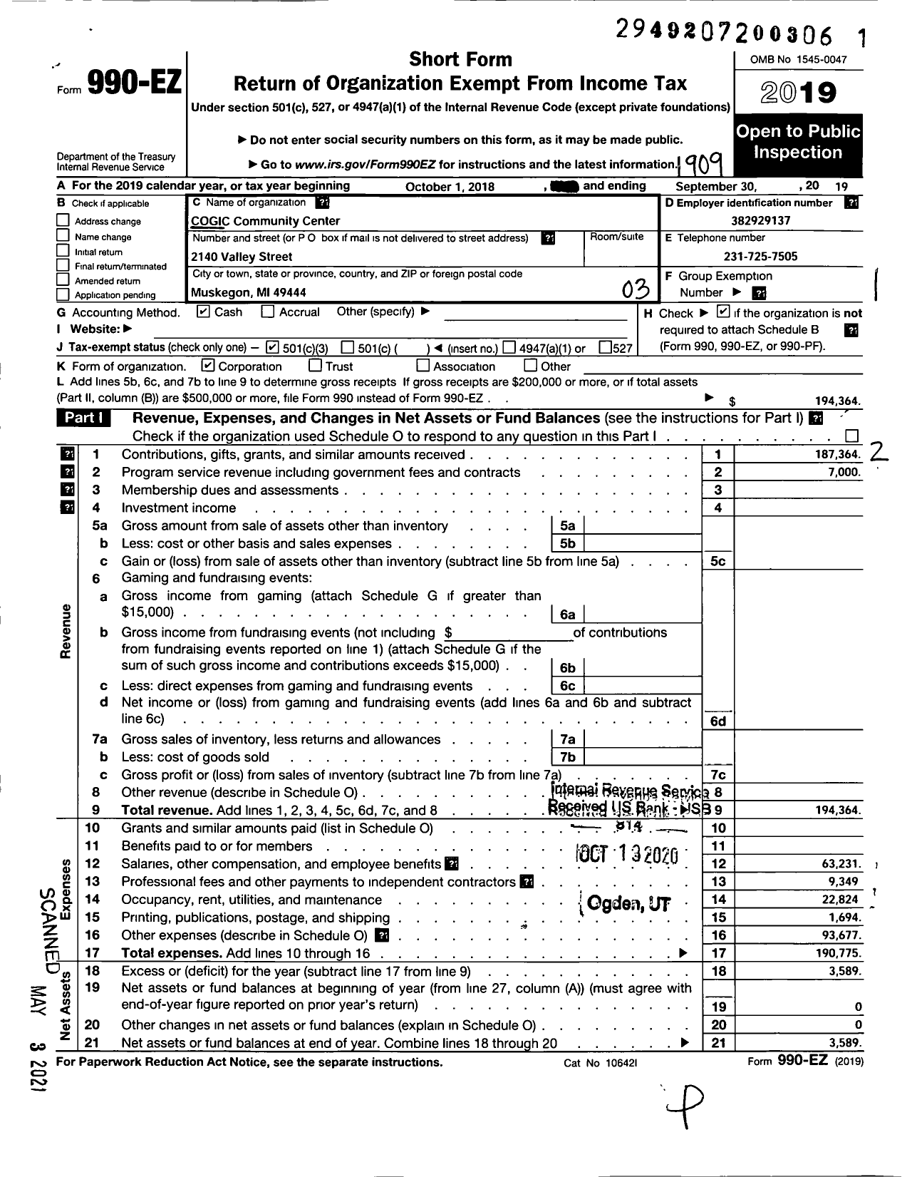 Image of first page of 2018 Form 990EZ for Cogic O G I Cogic Community Center