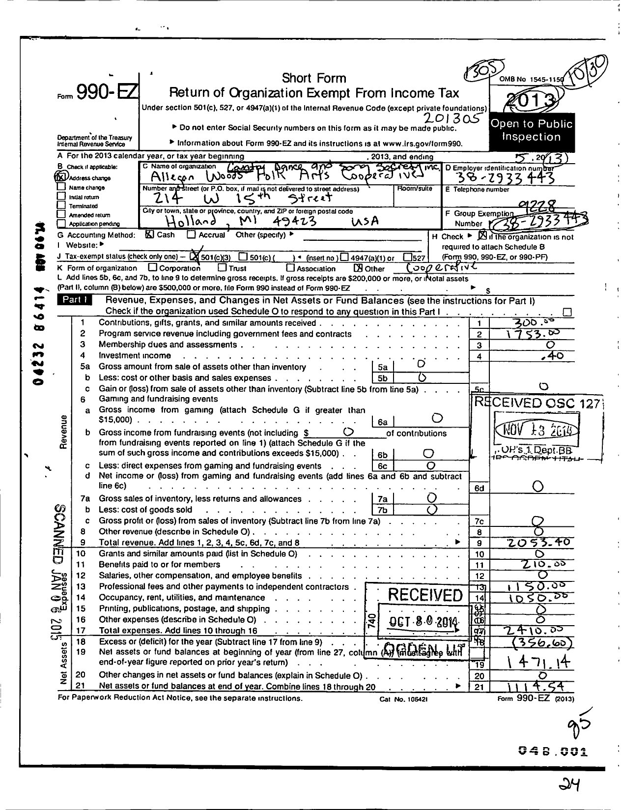 Image of first page of 2012 Form 990EZ for Country Dance and Song Society / Allegan Woods Folk Arts Cooperative