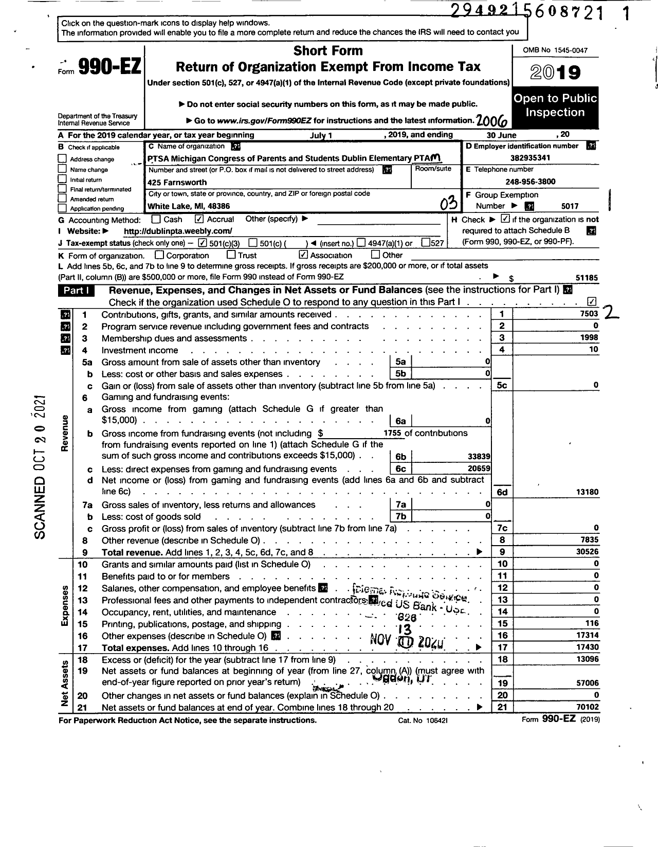 Image of first page of 2019 Form 990EZ for Ptsa Michigan Congress of Parents Teachers and Students / Dublin Elementary PTA