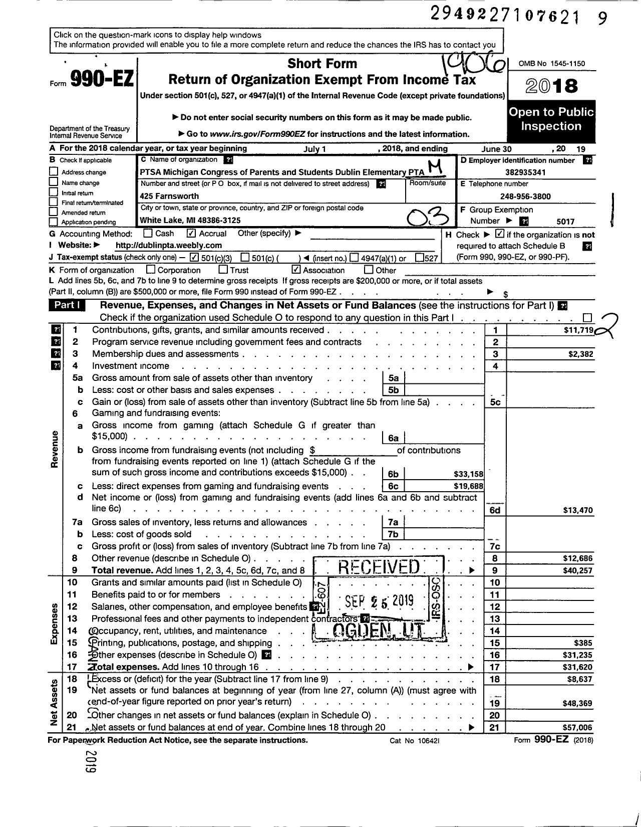 Image of first page of 2018 Form 990EZ for Ptsa Michigan Congress of Parents Teachers and Students / Dublin Elementary PTA