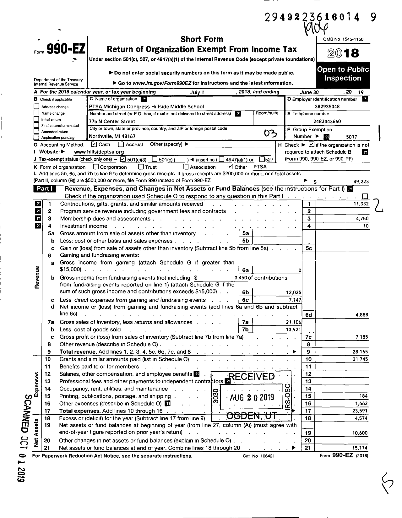 Image of first page of 2018 Form 990EZ for PSTA Michigan Congress of Parents