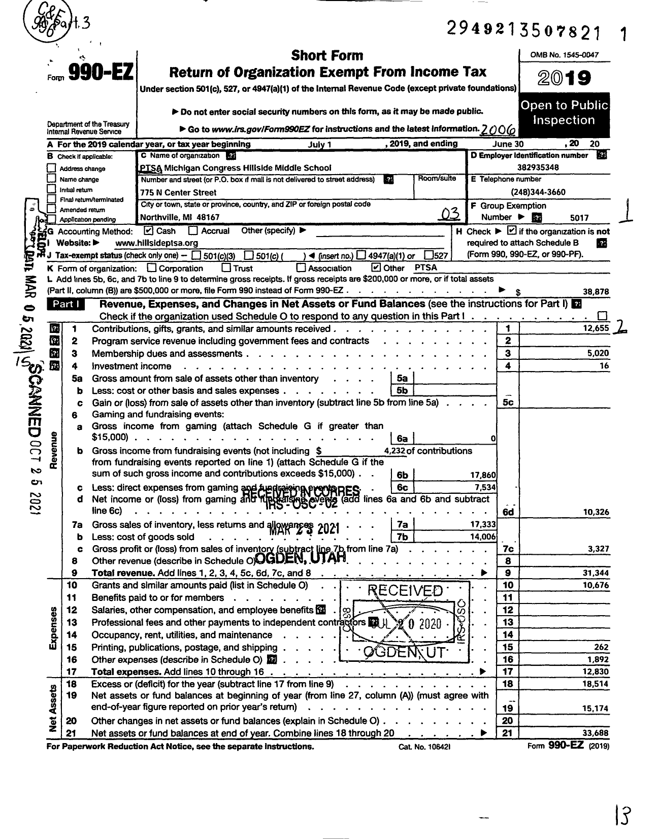 Image of first page of 2019 Form 990EZ for PSTA Michigan Congress of Parents