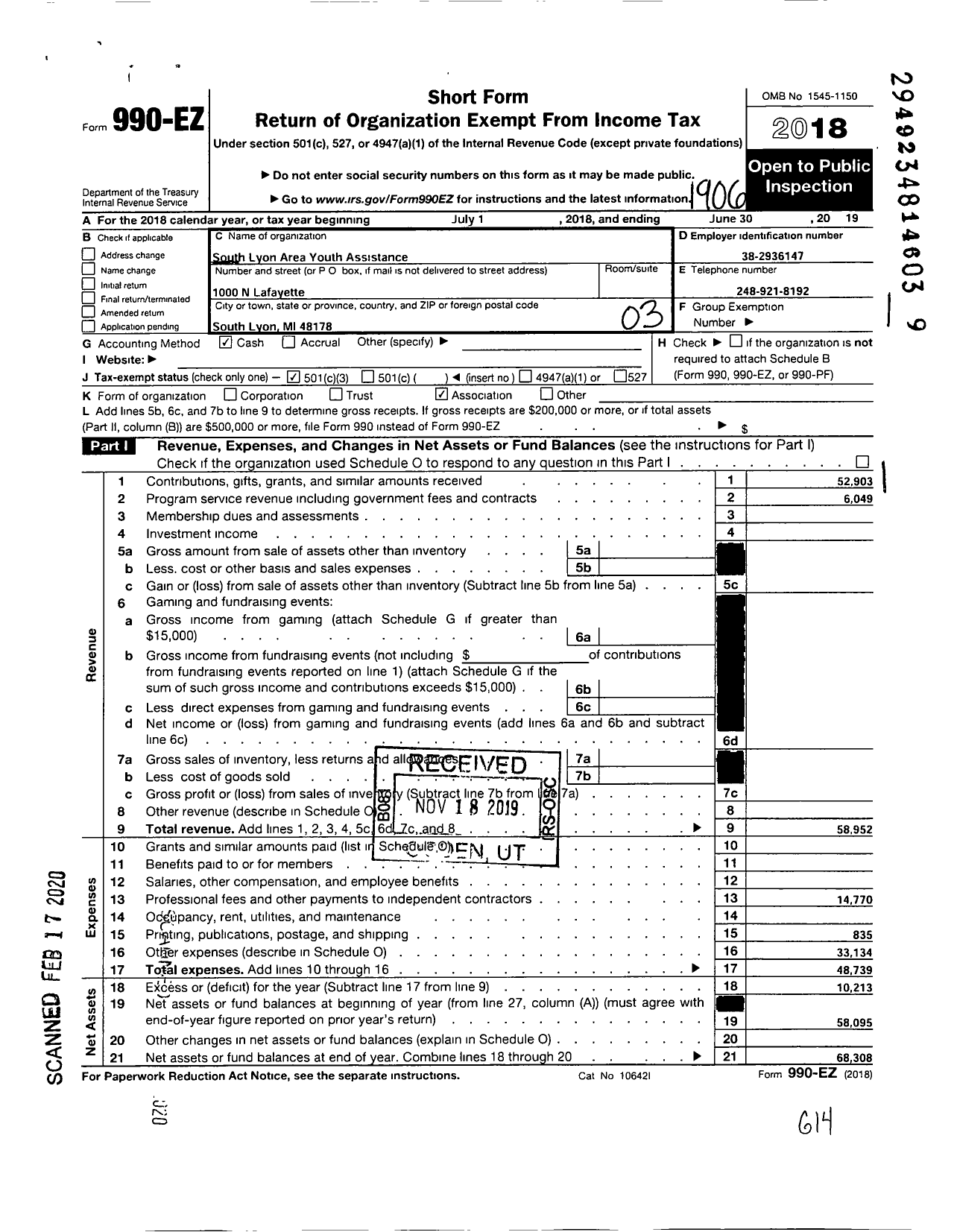 Image of first page of 2018 Form 990EZ for South Lyon Area Youth Assistance