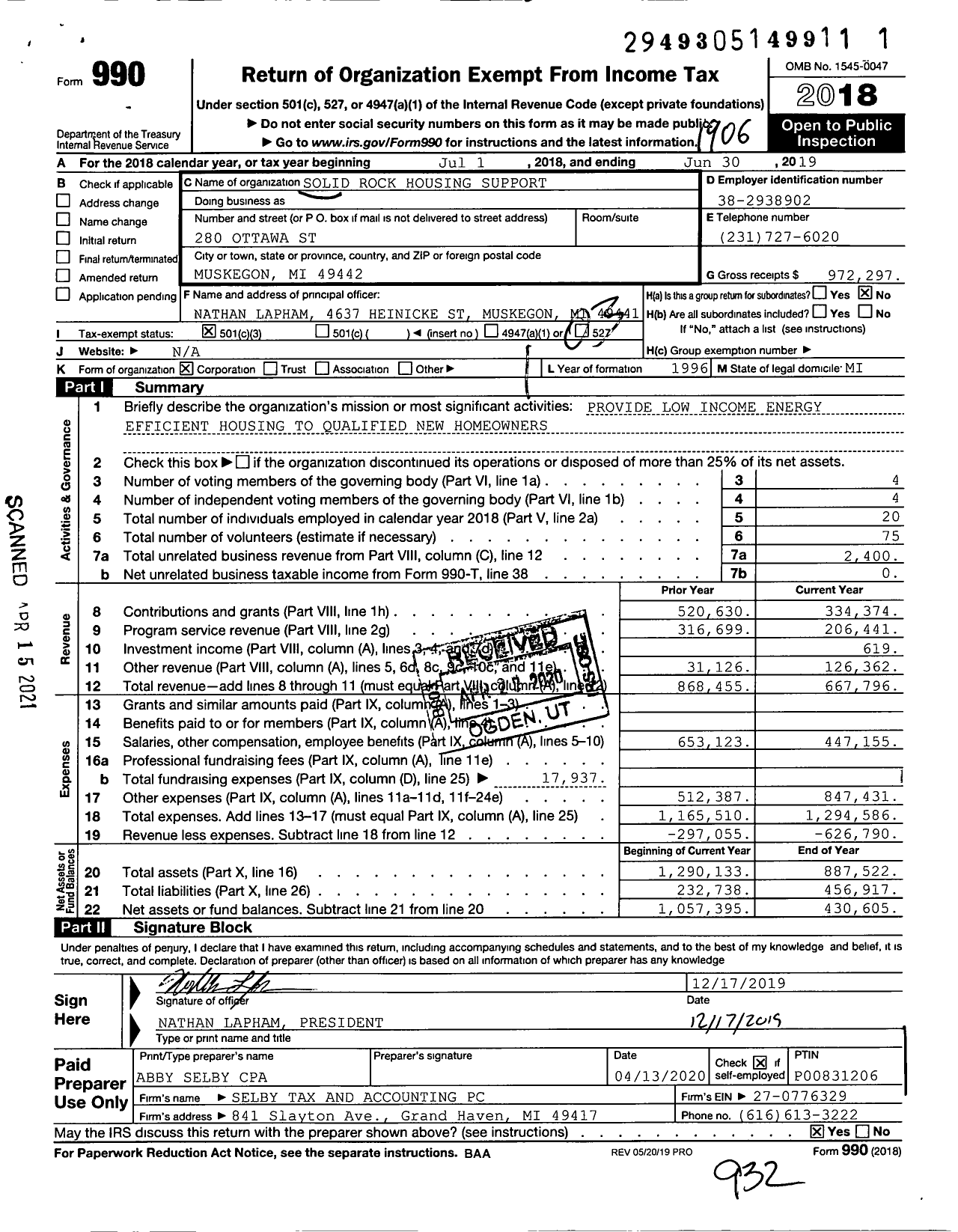 Image of first page of 2018 Form 990 for Solid Rock Housing Support