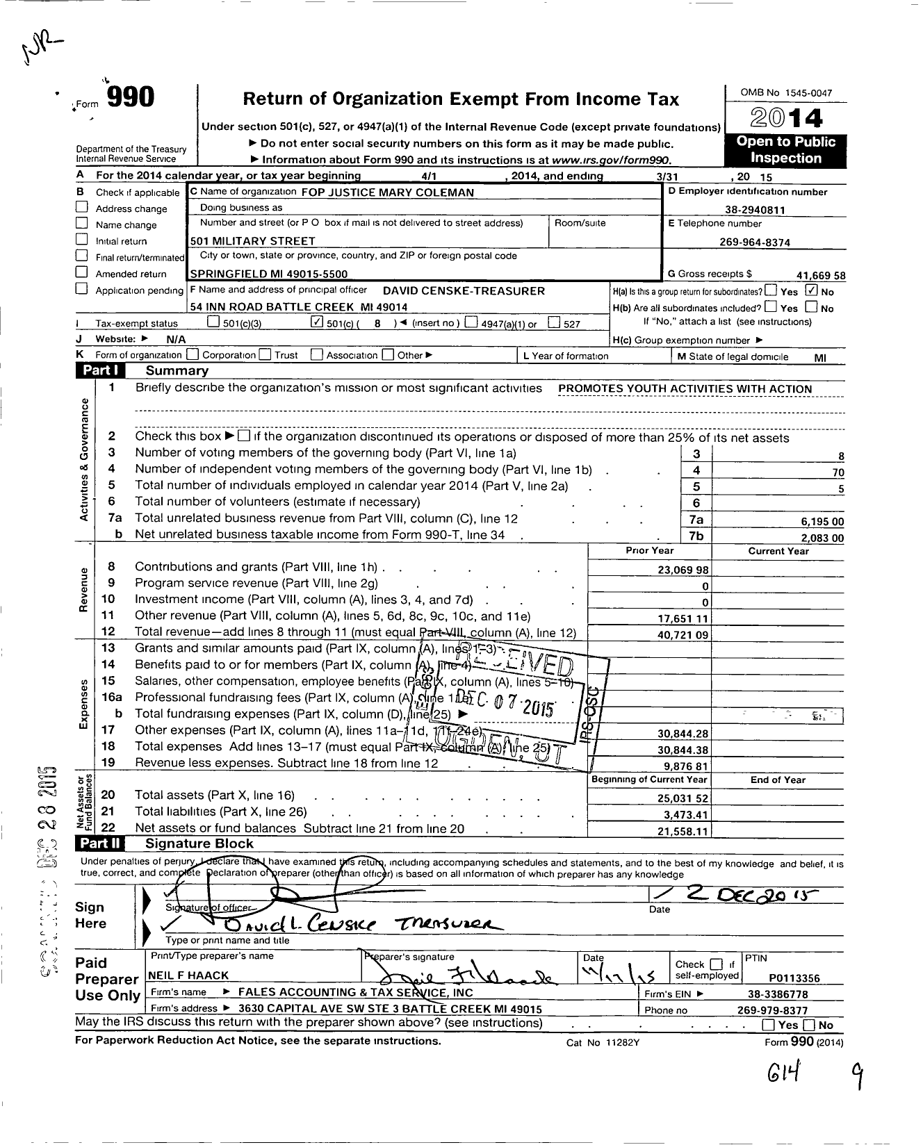 Image of first page of 2014 Form 990O for Fraternal Order of Police
