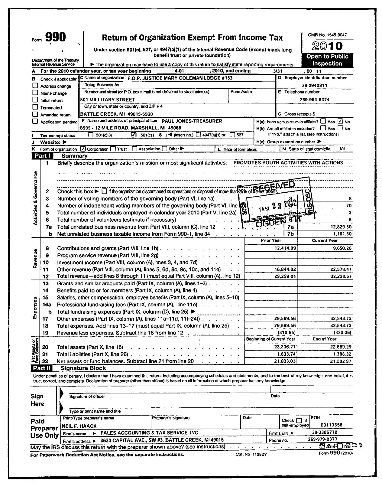Image of first page of 2010 Form 990OR for Fraternal Order of Police