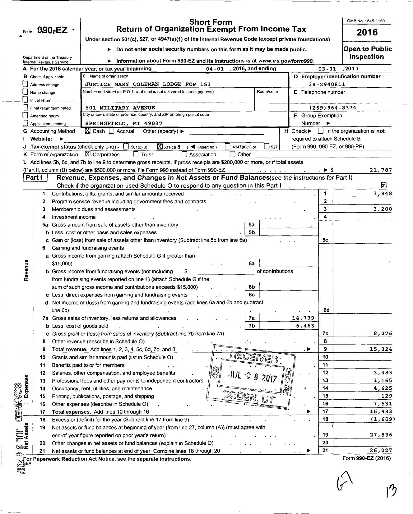 Image of first page of 2016 Form 990EO for Fraternal Order of Police