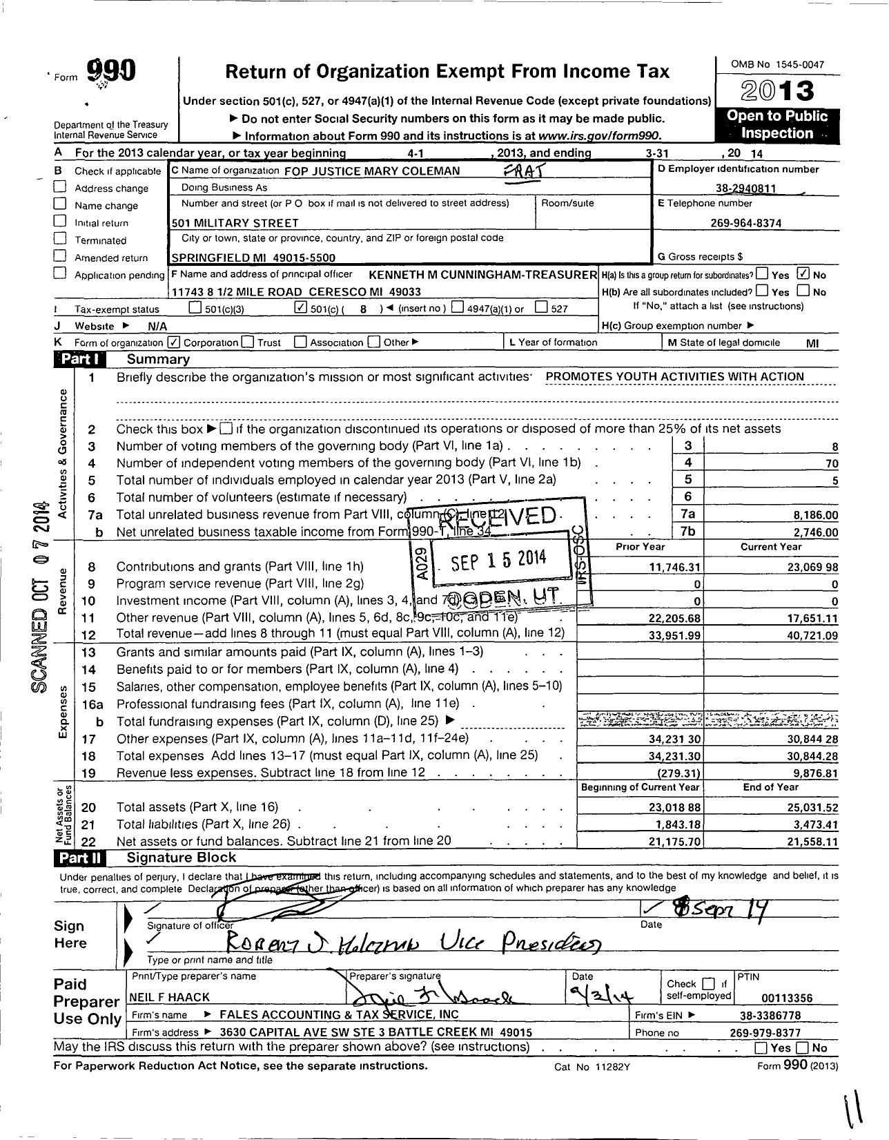 Image of first page of 2013 Form 990O for Fraternal Order of Police