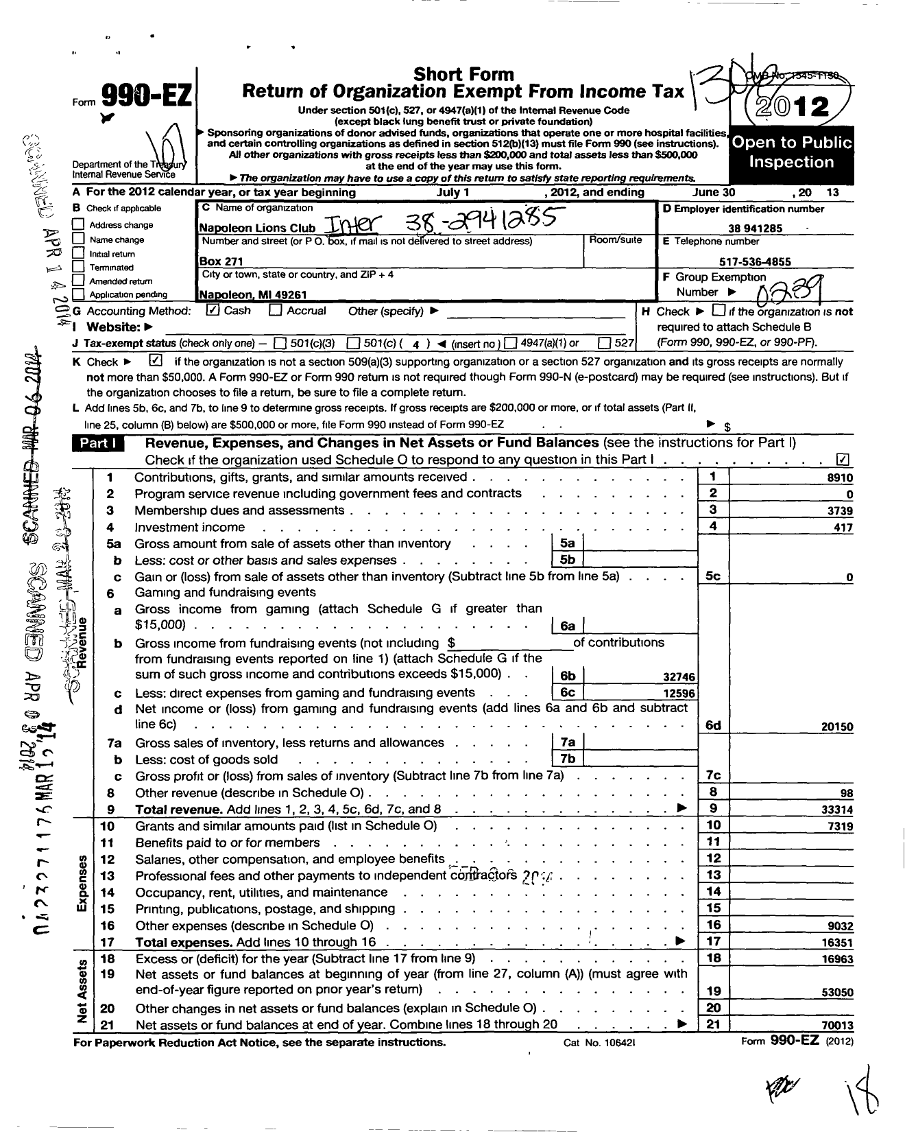 Image of first page of 2012 Form 990EO for Lions Clubs - 4580 Napoleon