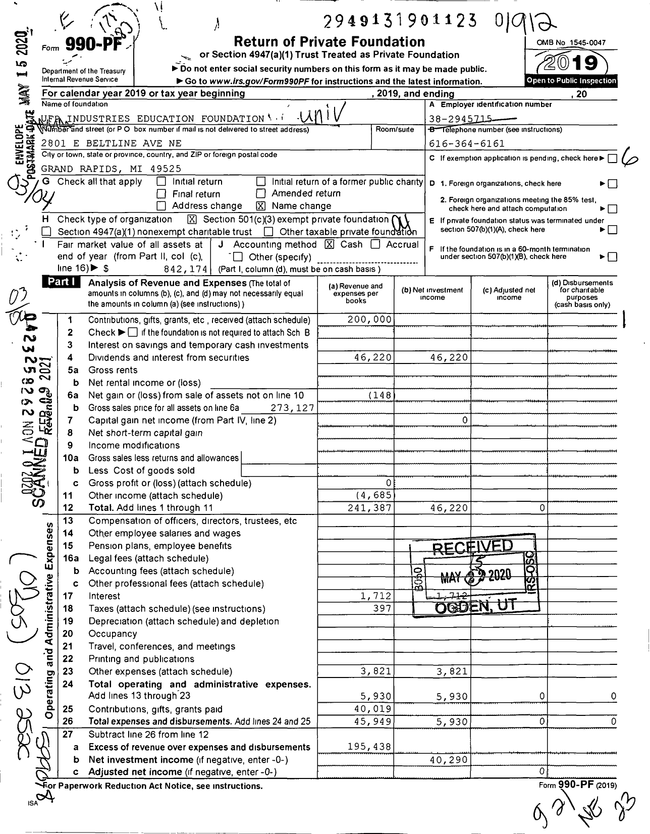 Image of first page of 2019 Form 990PF for Ufp Industries Education Foundation