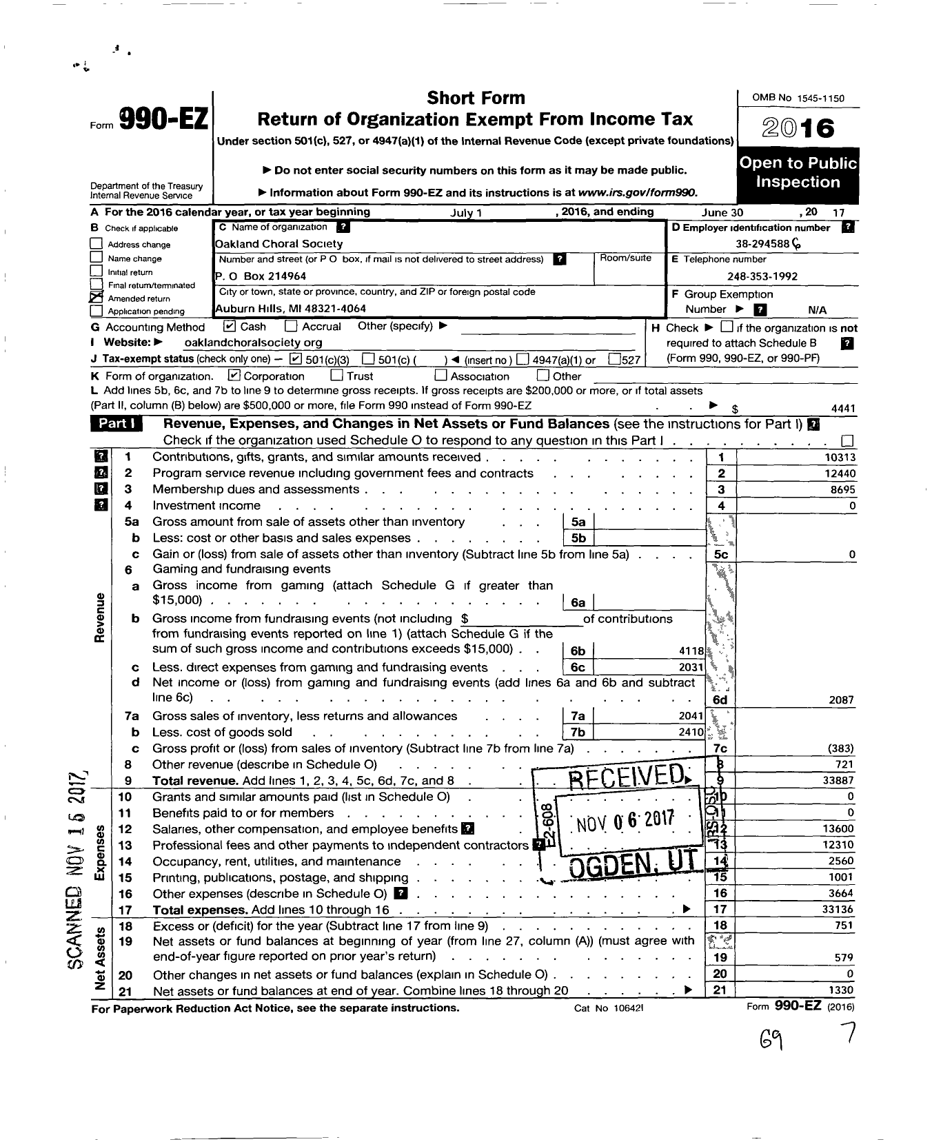 Image of first page of 2016 Form 990EZ for Oakland Choral Society