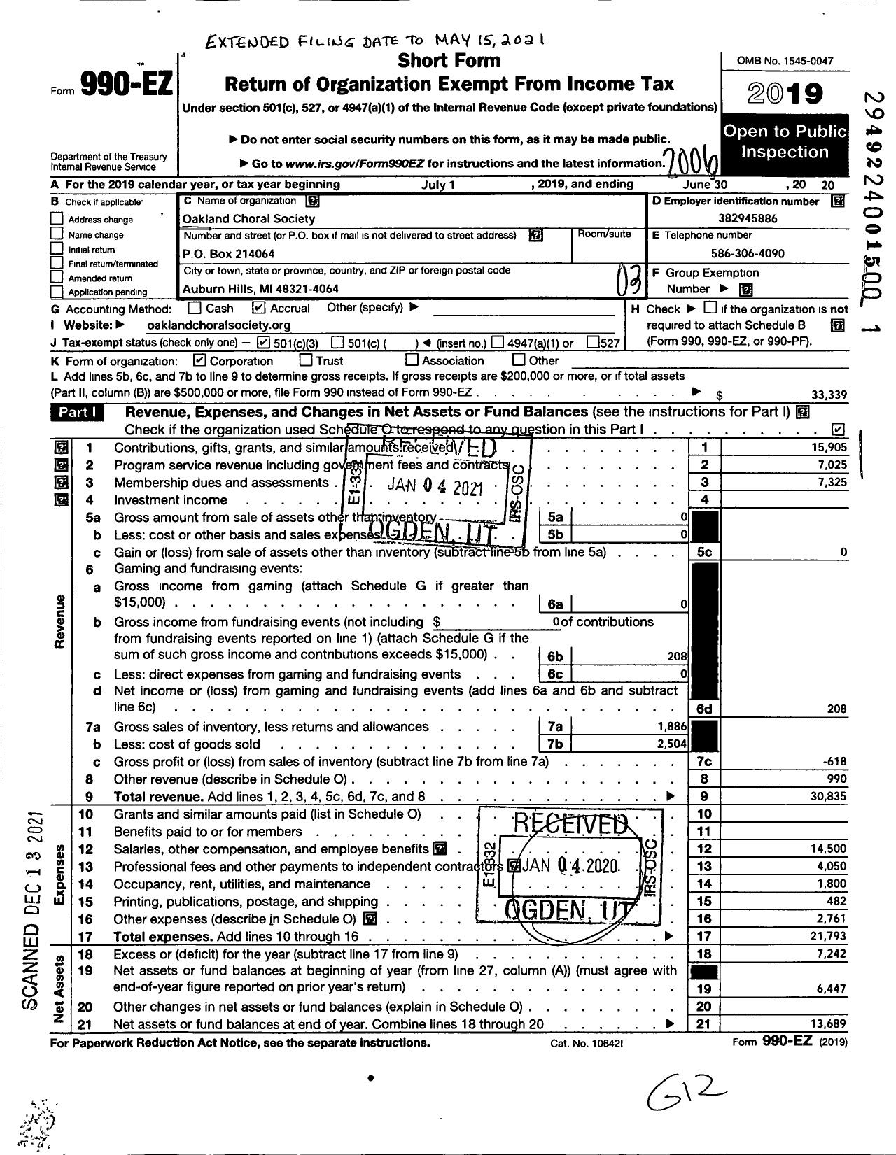 Image of first page of 2019 Form 990EZ for Oakland Choral Society