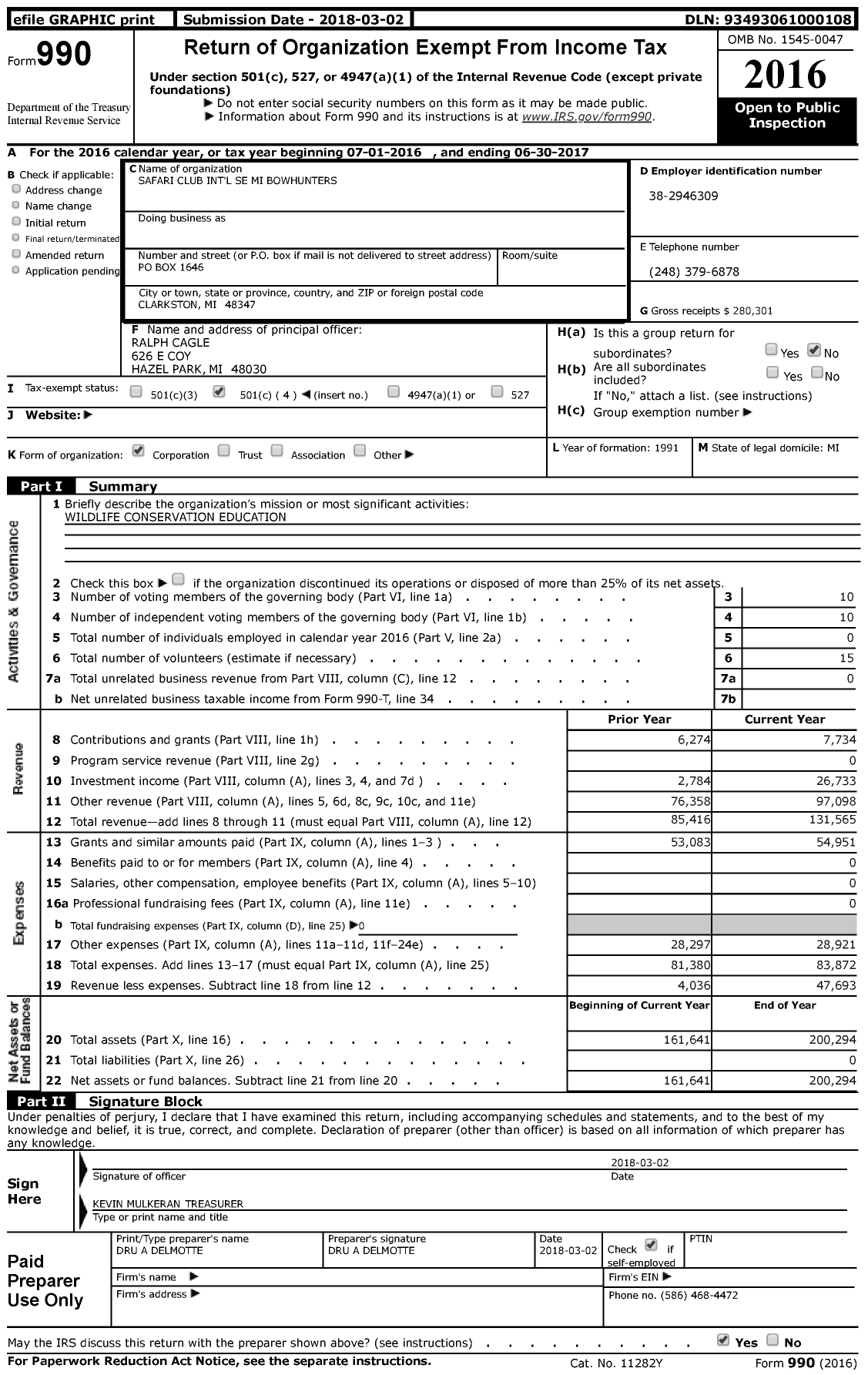 Image of first page of 2016 Form 990 for Safari Club International Se Mi Bowhunters