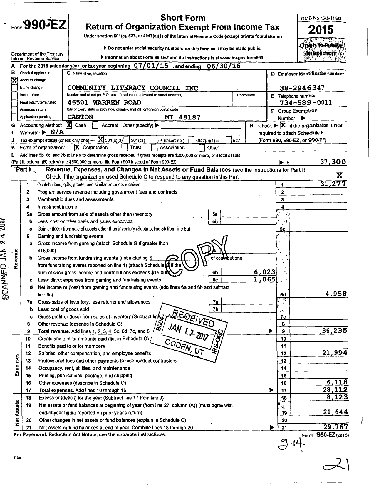 Image of first page of 2015 Form 990EZ for Community Literacy Council