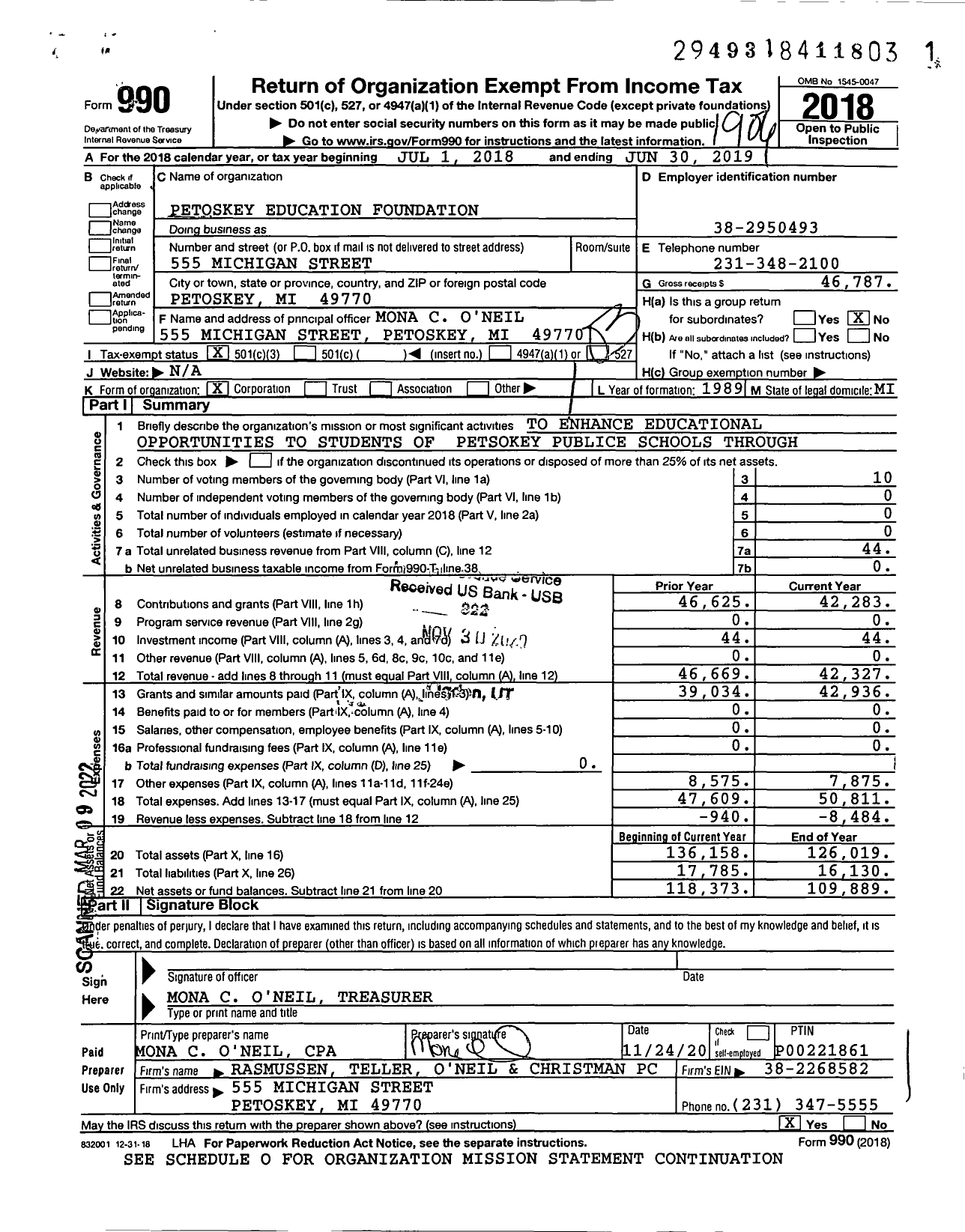 Image of first page of 2018 Form 990 for Petoskey Education Foundation