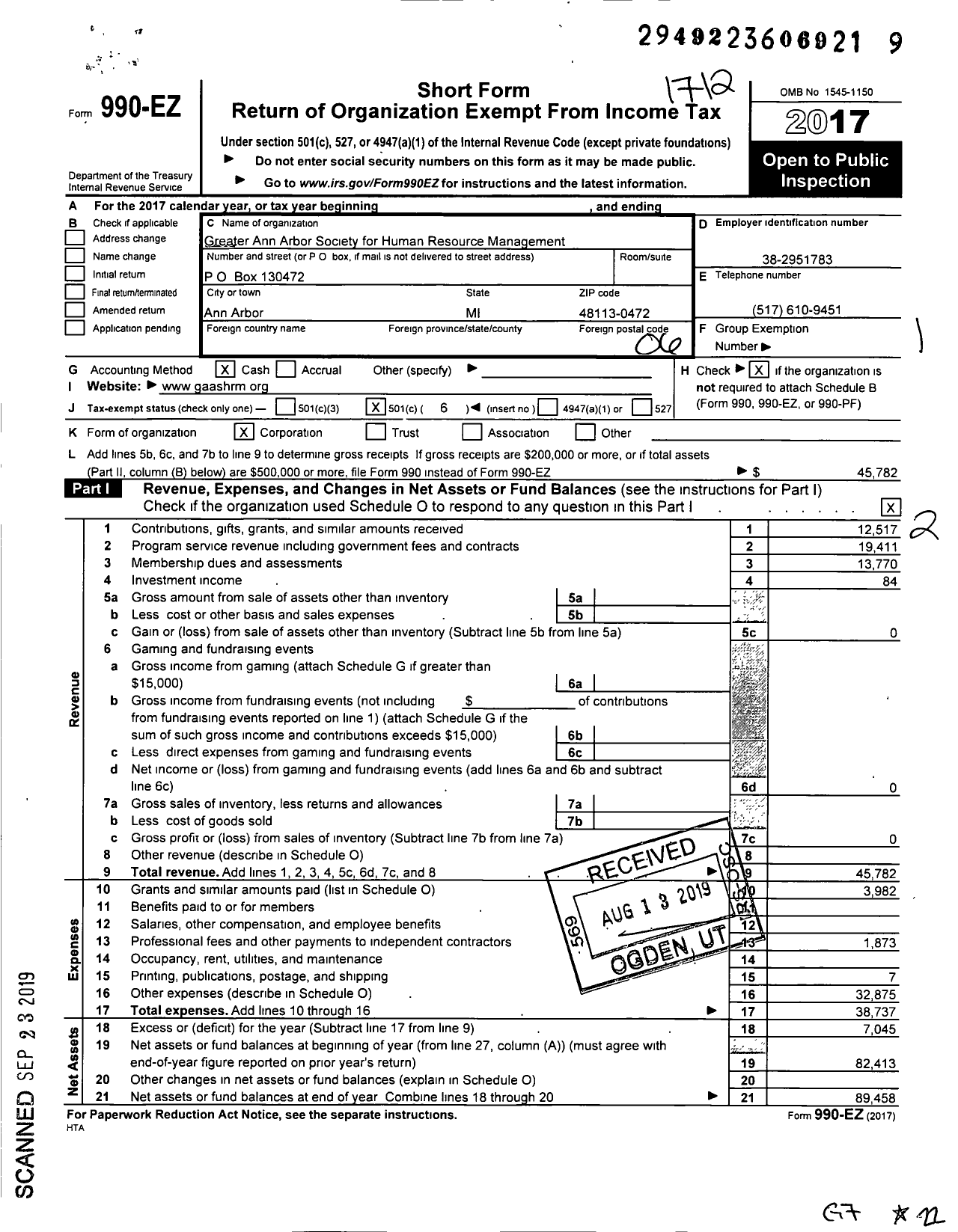 Image of first page of 2017 Form 990EO for Greater Ann Arbor Society for Human Resource Management