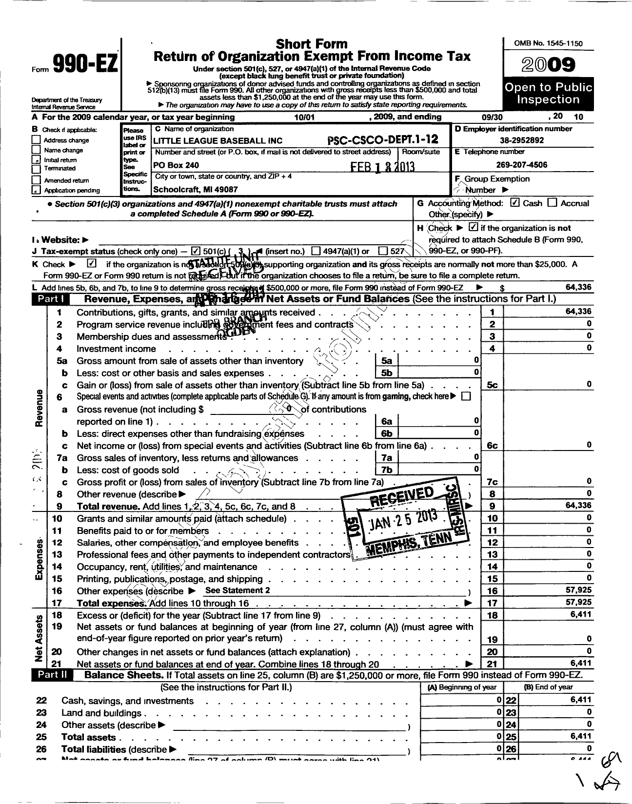 Image of first page of 2009 Form 990EZ for Little League Baseball - 1220203 Schoolcraft LL