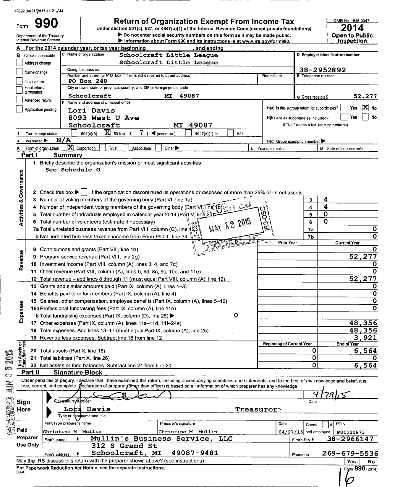 Image of first page of 2014 Form 990O for Little League Baseball - 1220203 Schoolcraft LL