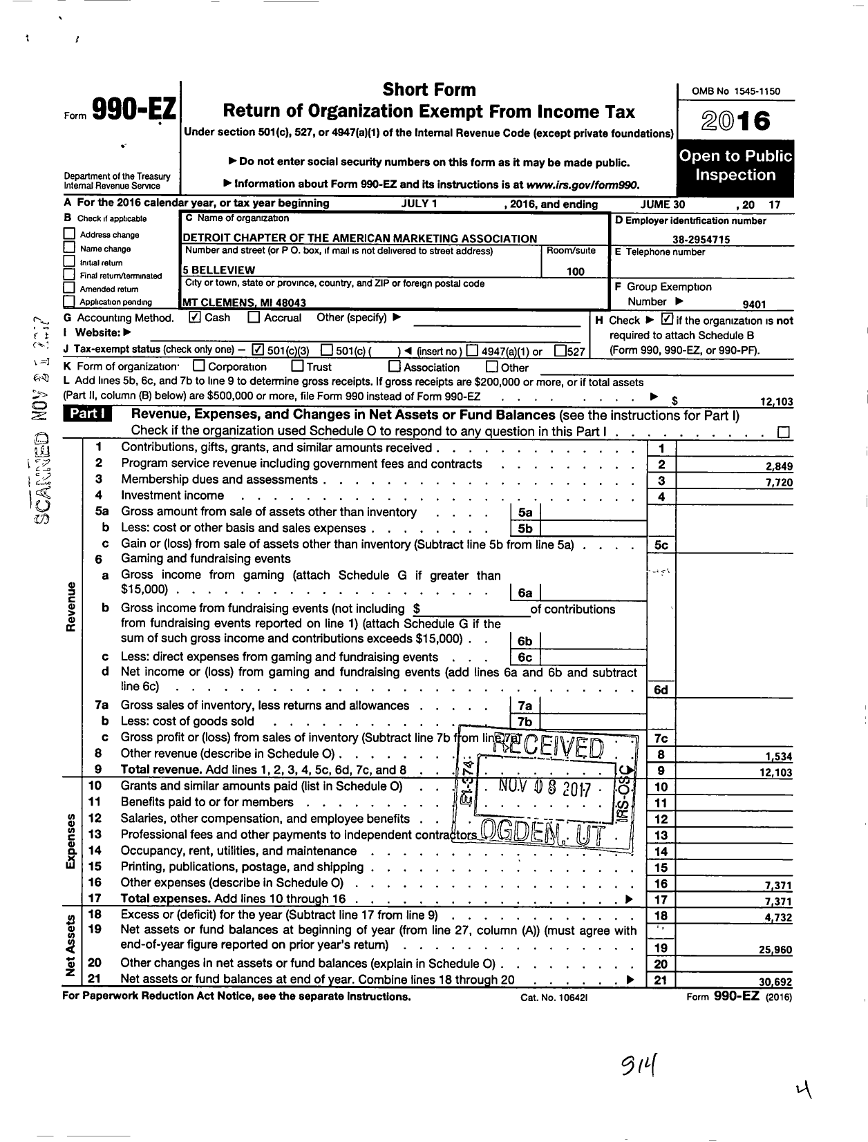 Image of first page of 2016 Form 990EZ for American Marketing Association / Detroit Chapter