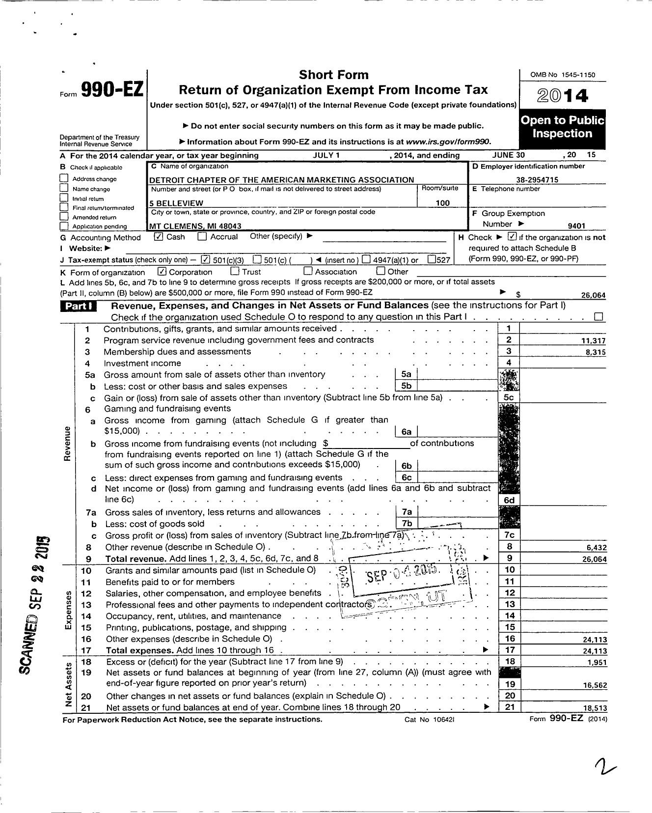 Image of first page of 2014 Form 990EZ for American Marketing Association / Detroit Chapter