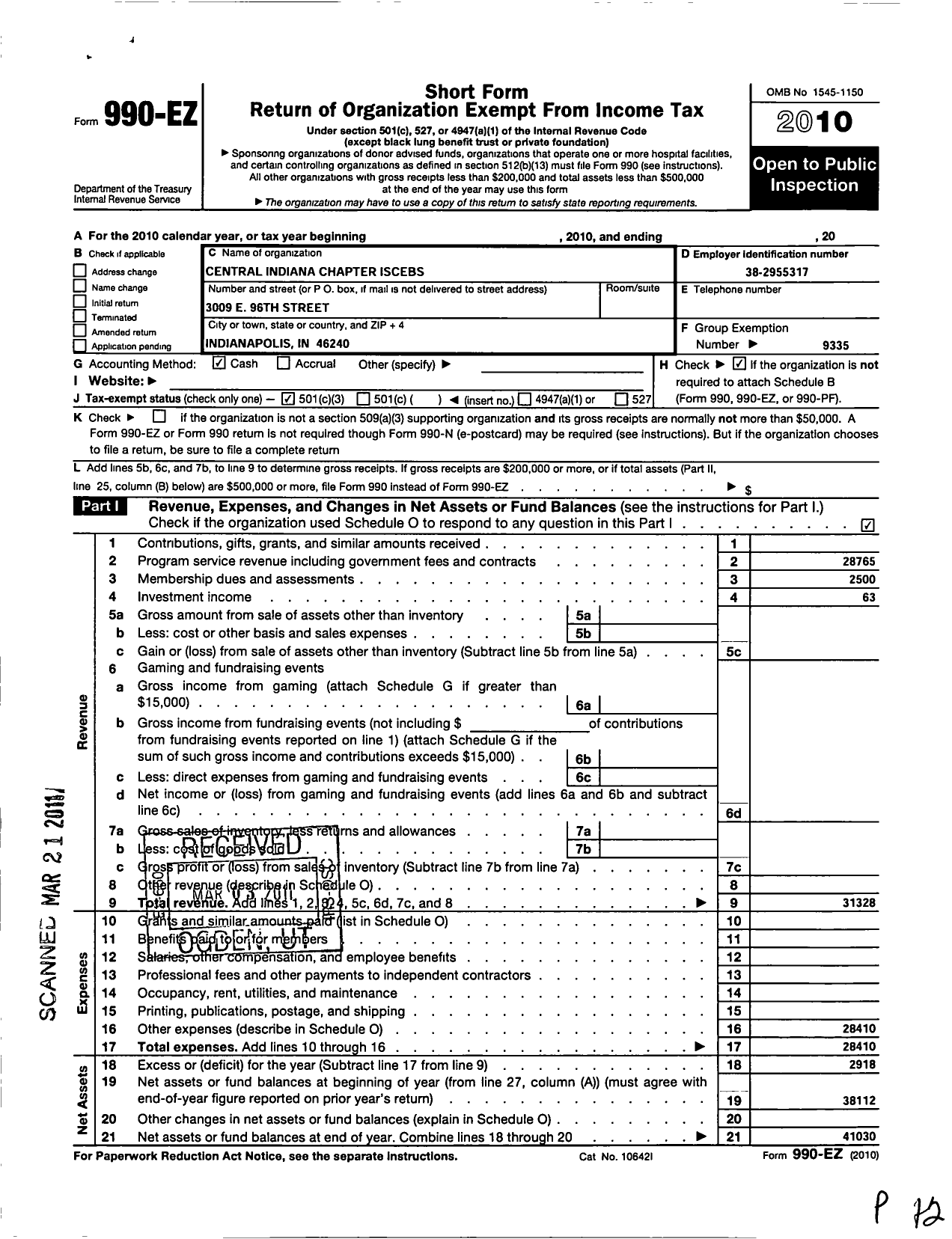 Image of first page of 2010 Form 990EZ for International Society of Certified Employee Benefit Specialists / Central Indiana Chapter