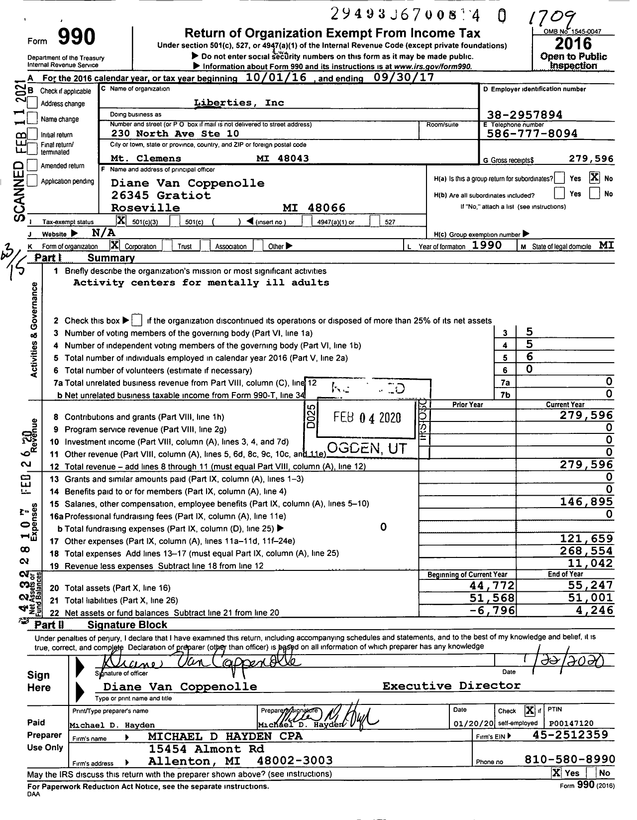 Image of first page of 2016 Form 990 for Liberties