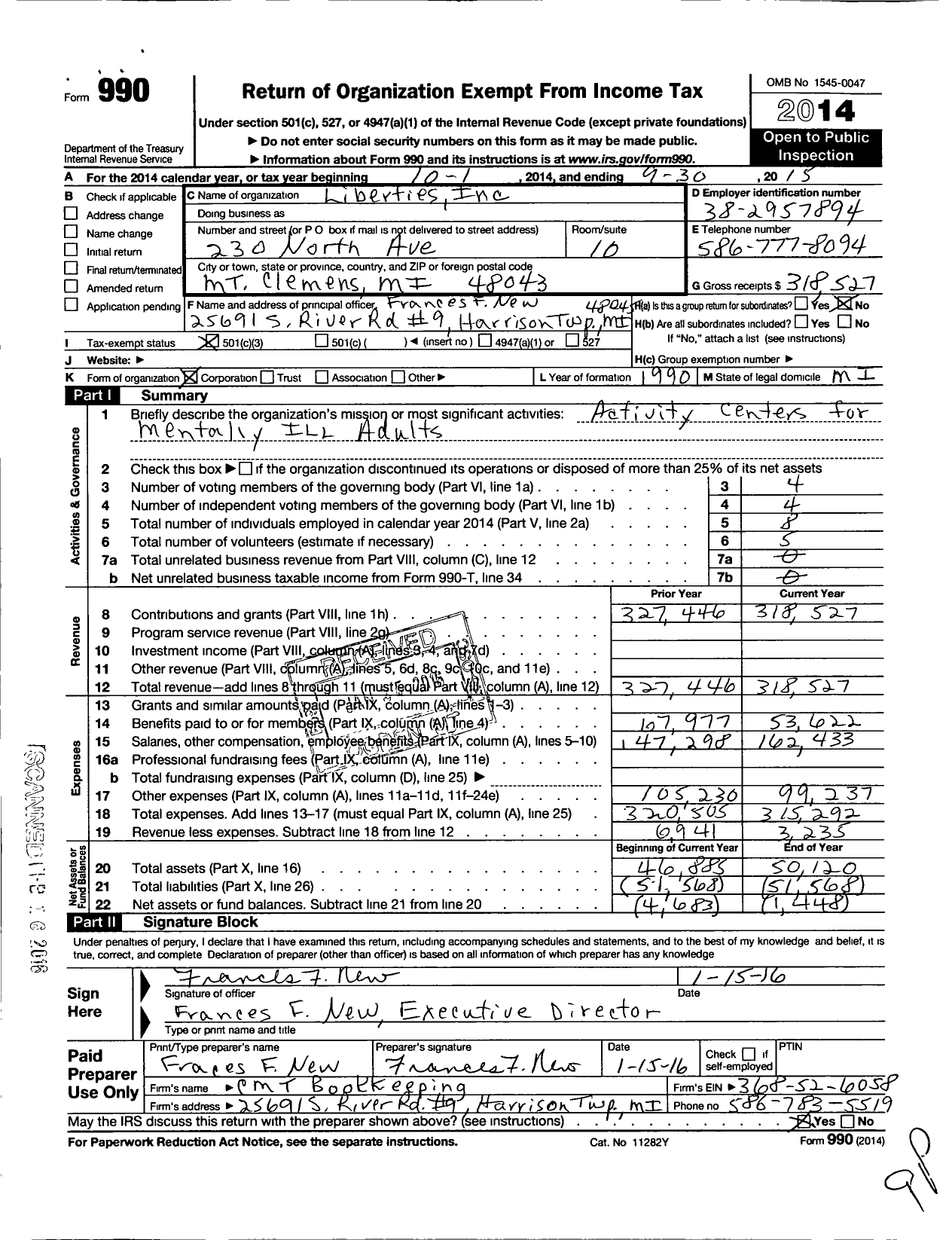 Image of first page of 2014 Form 990 for Liberties