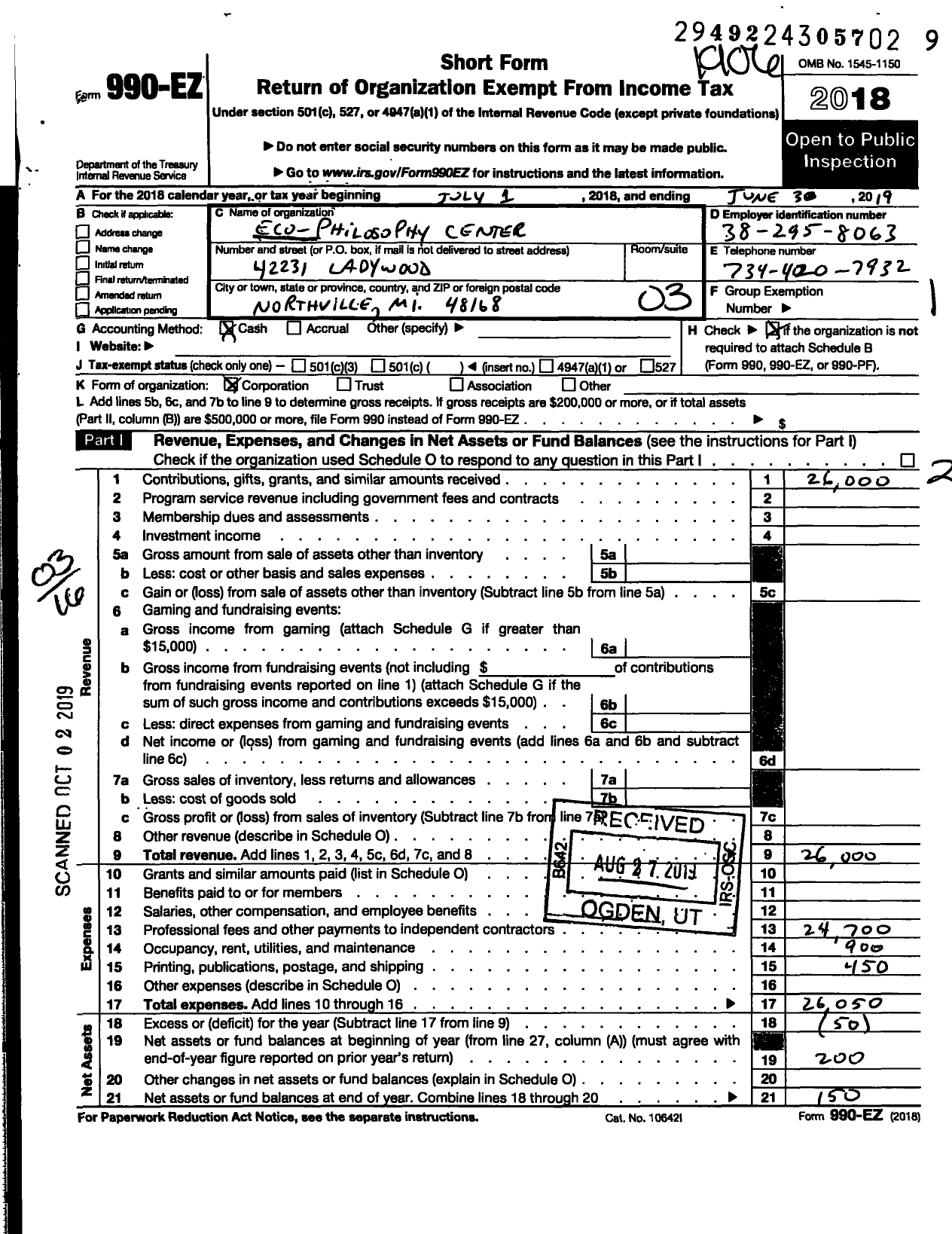 Image of first page of 2018 Form 990EZ for Eco-Philosophy