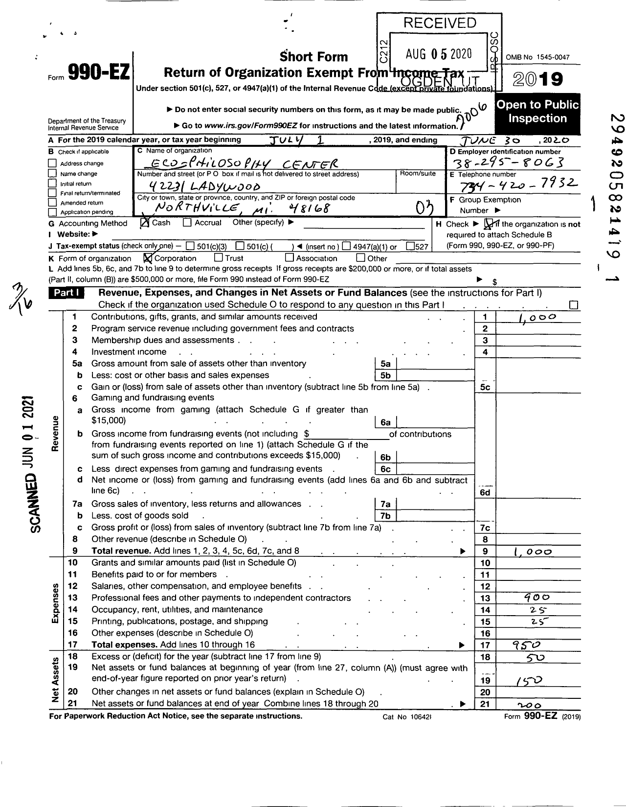 Image of first page of 2019 Form 990EZ for Eco-Philosophy