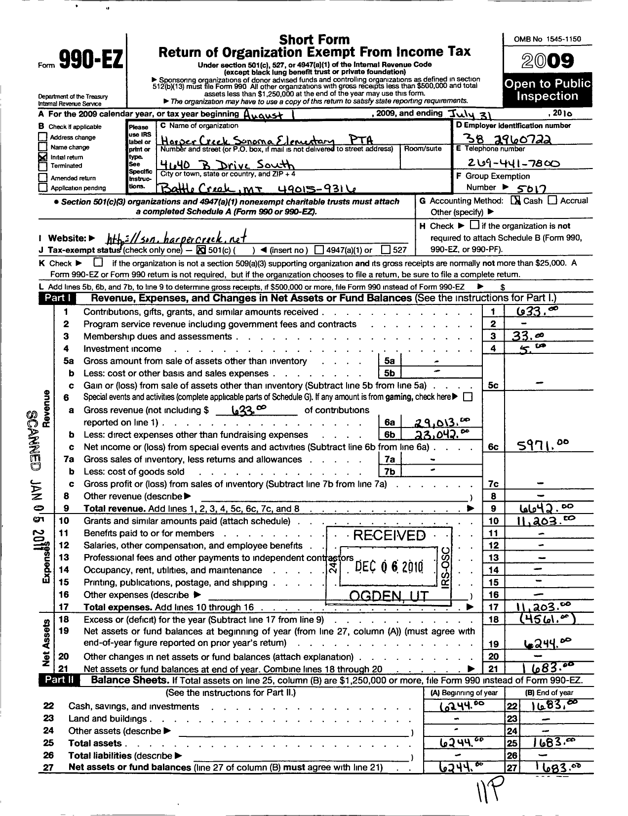 Image of first page of 2009 Form 990EO for Ptsa Michigan Congress of Parents Teachers and Students / Harper Creek Sonoma Elementary PTA