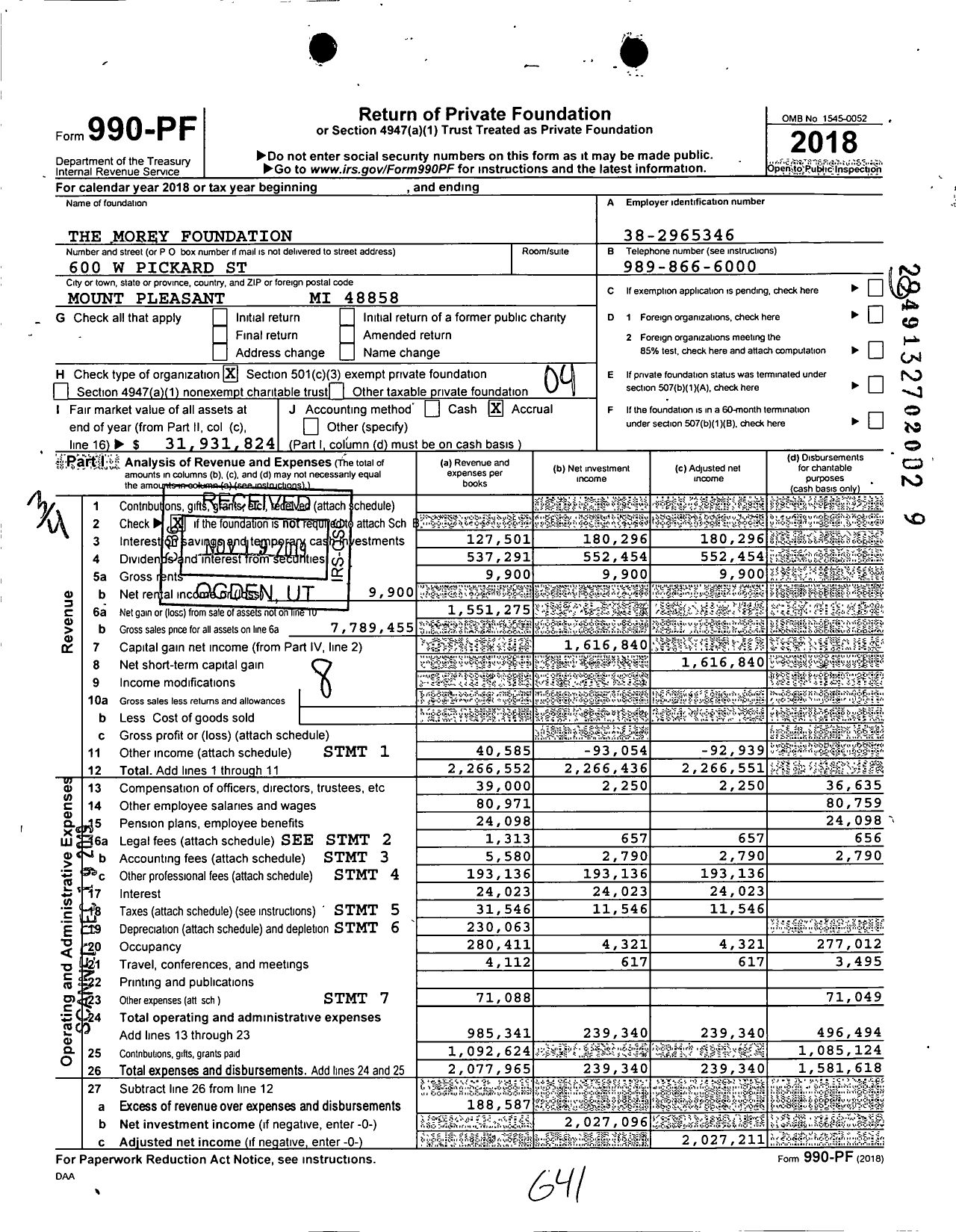 Image of first page of 2018 Form 990PF for The Morey Foundation