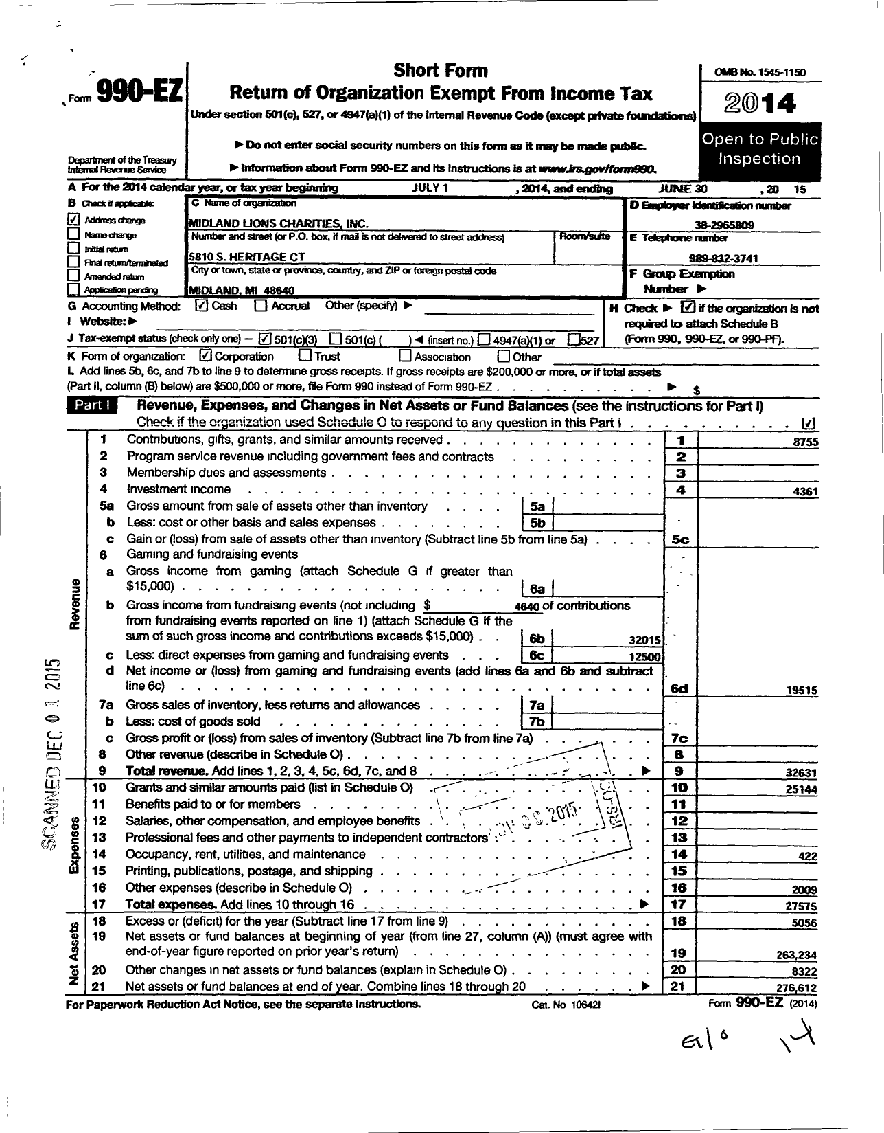 Image of first page of 2014 Form 990EZ for Midland Lions Club Charities