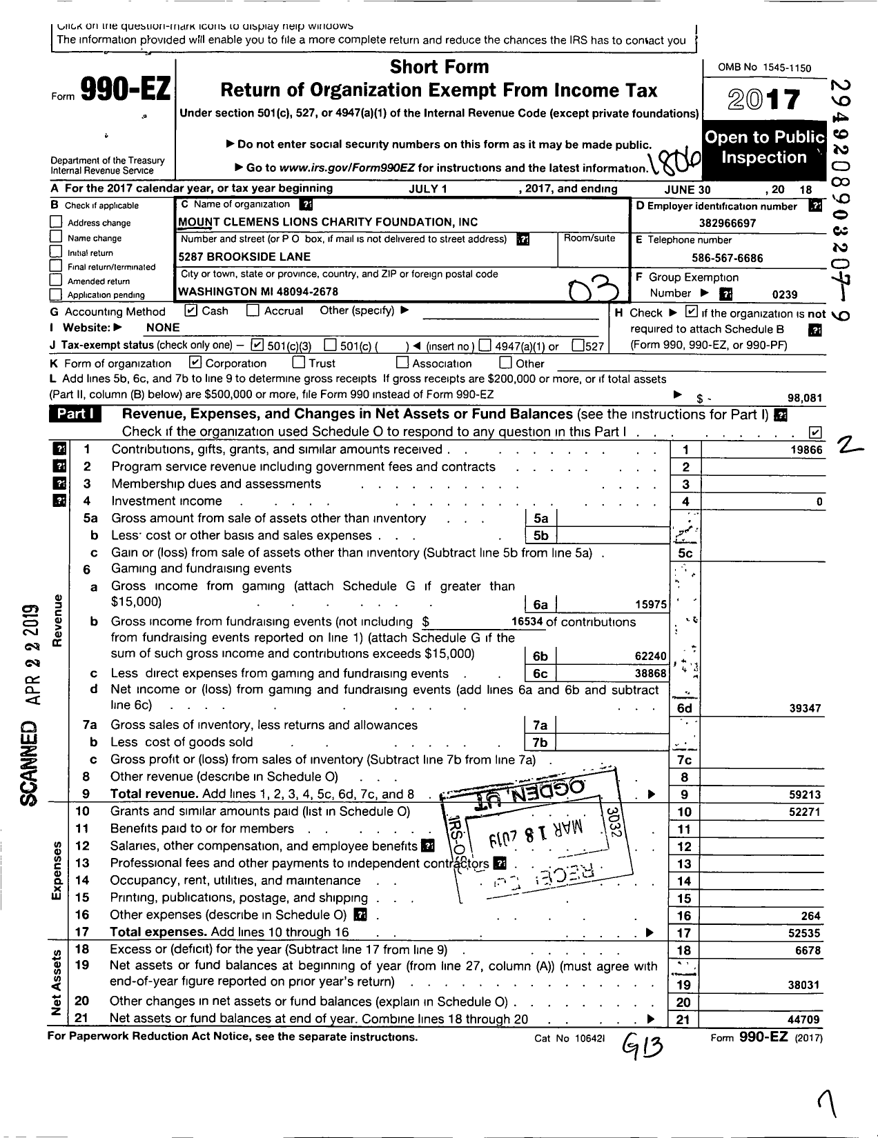 Image of first page of 2017 Form 990EZ for Mount Clemens Lions Charity Foundation