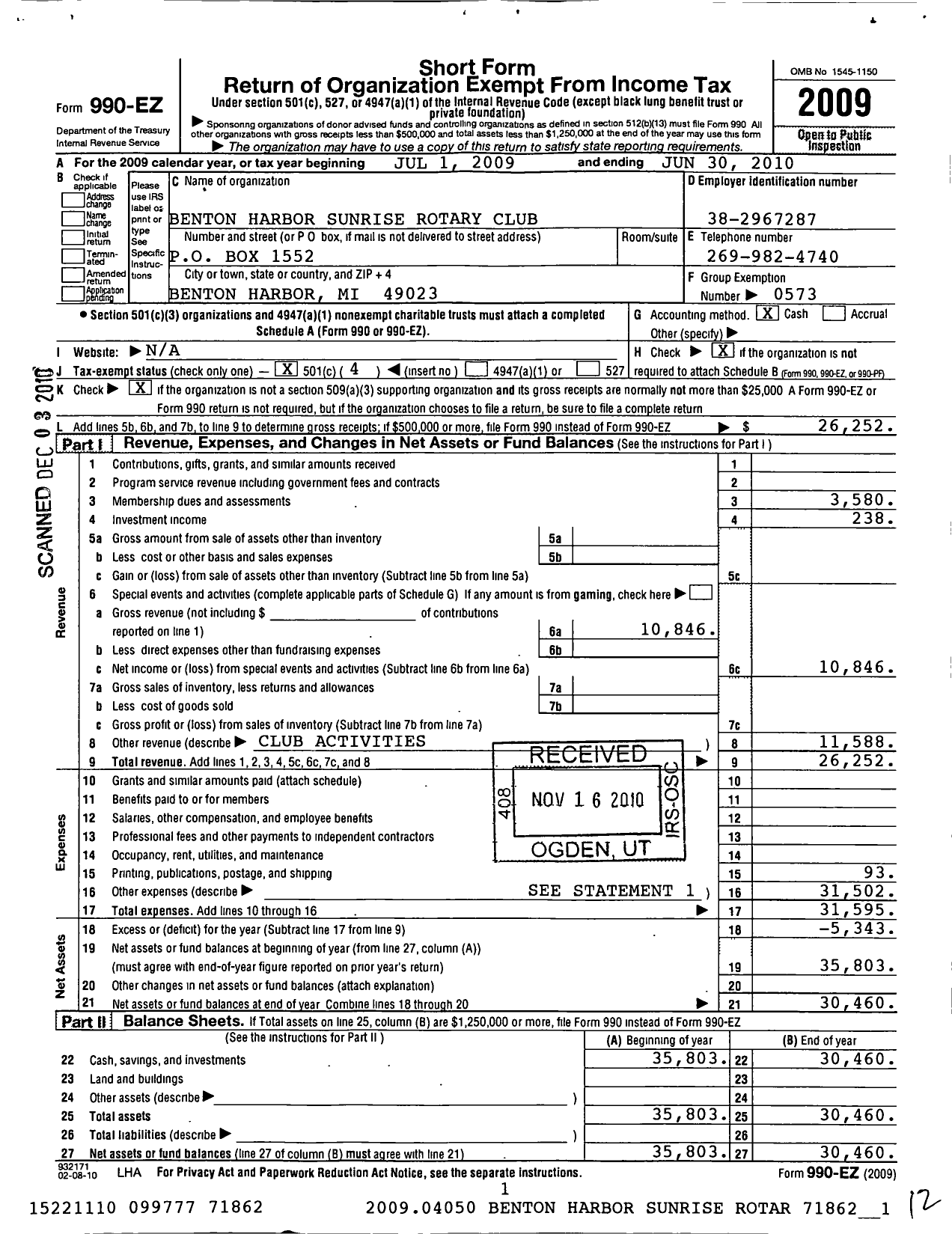 Image of first page of 2009 Form 990EO for Rotary International - Benton Harbor Sunrise Rotary Club