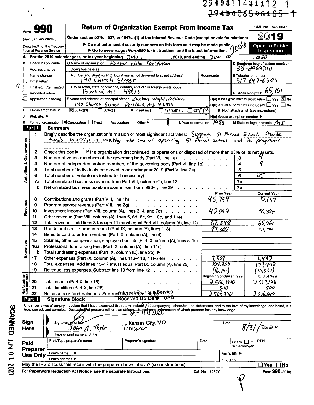 Image of first page of 2019 Form 990 for Father Flohe Foundation