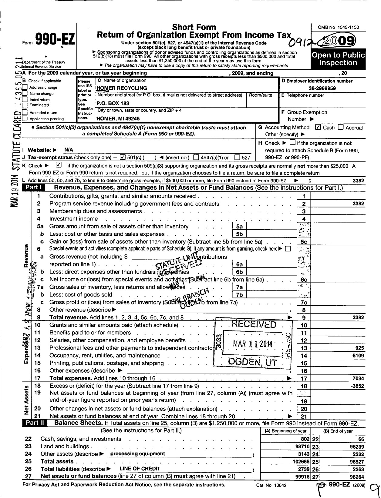 Image of first page of 2009 Form 990EO for Homer Recycling