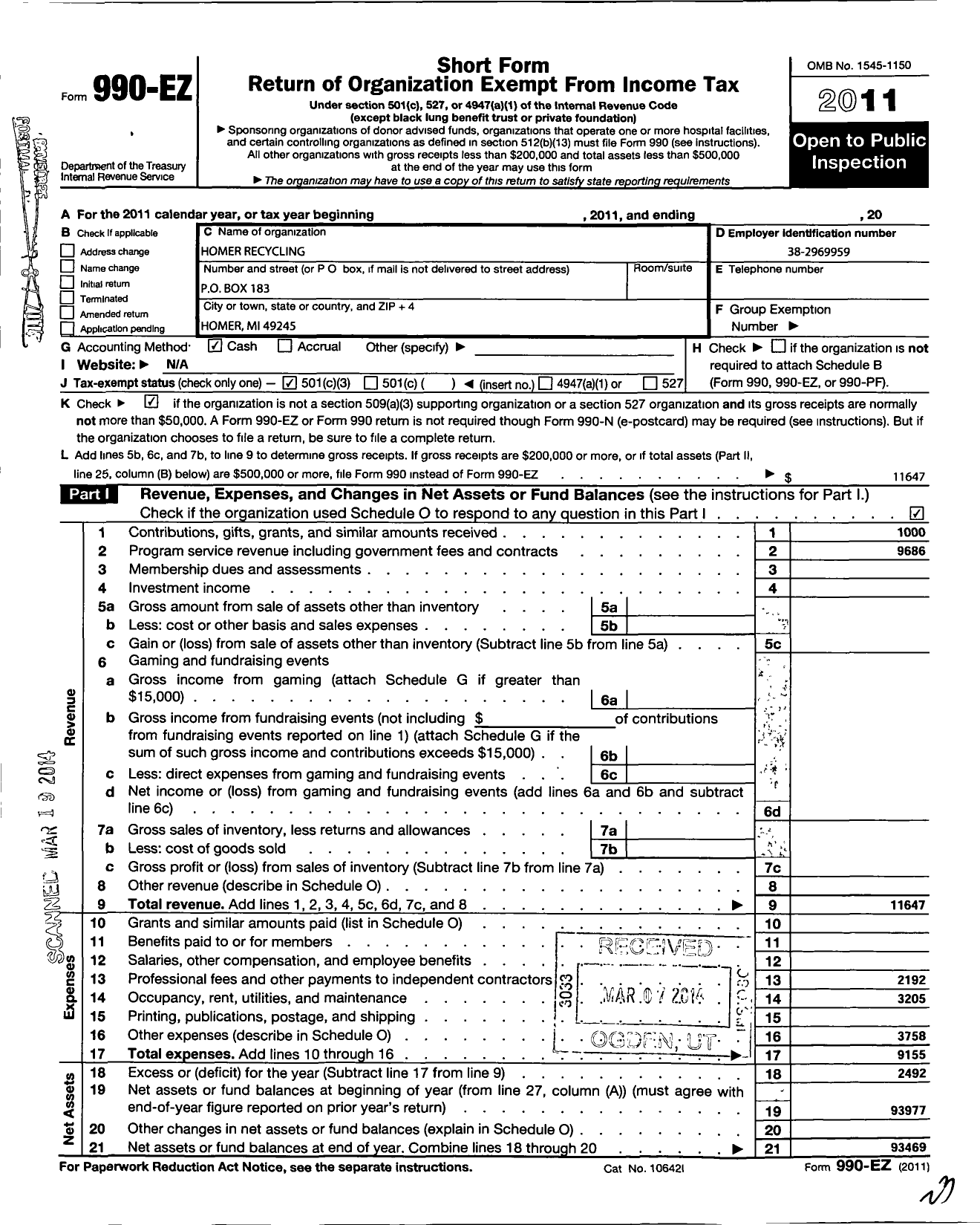 Image of first page of 2011 Form 990EZ for Homer Recycling